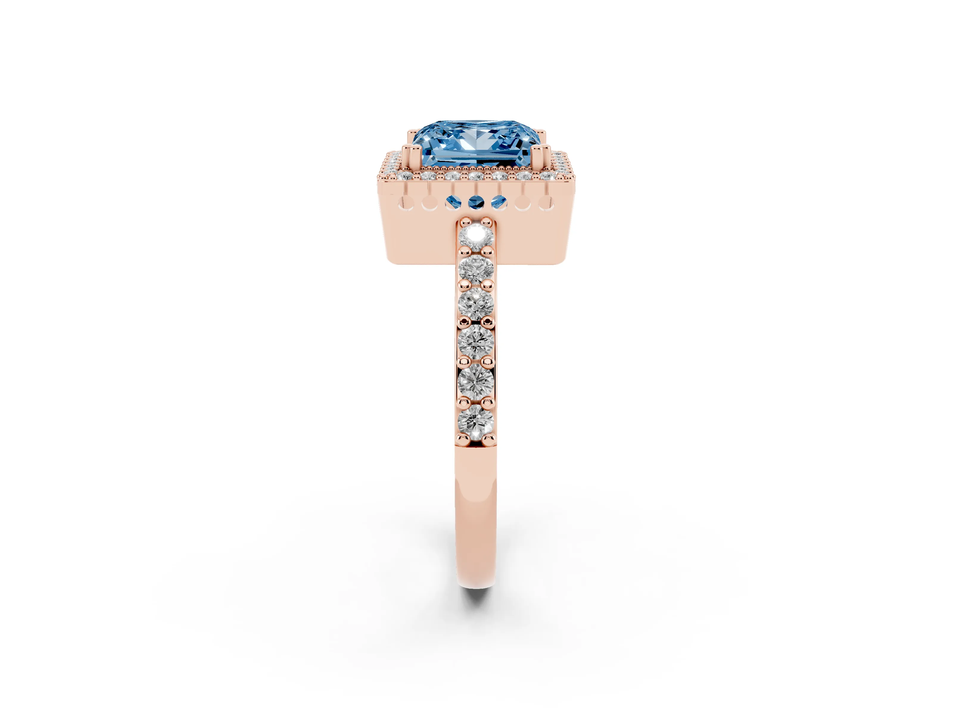 Fancy Blue Princess Cut Diamond Halo Engagement Ring Set in Rose gold with Milgrain Detail and Pavé Band