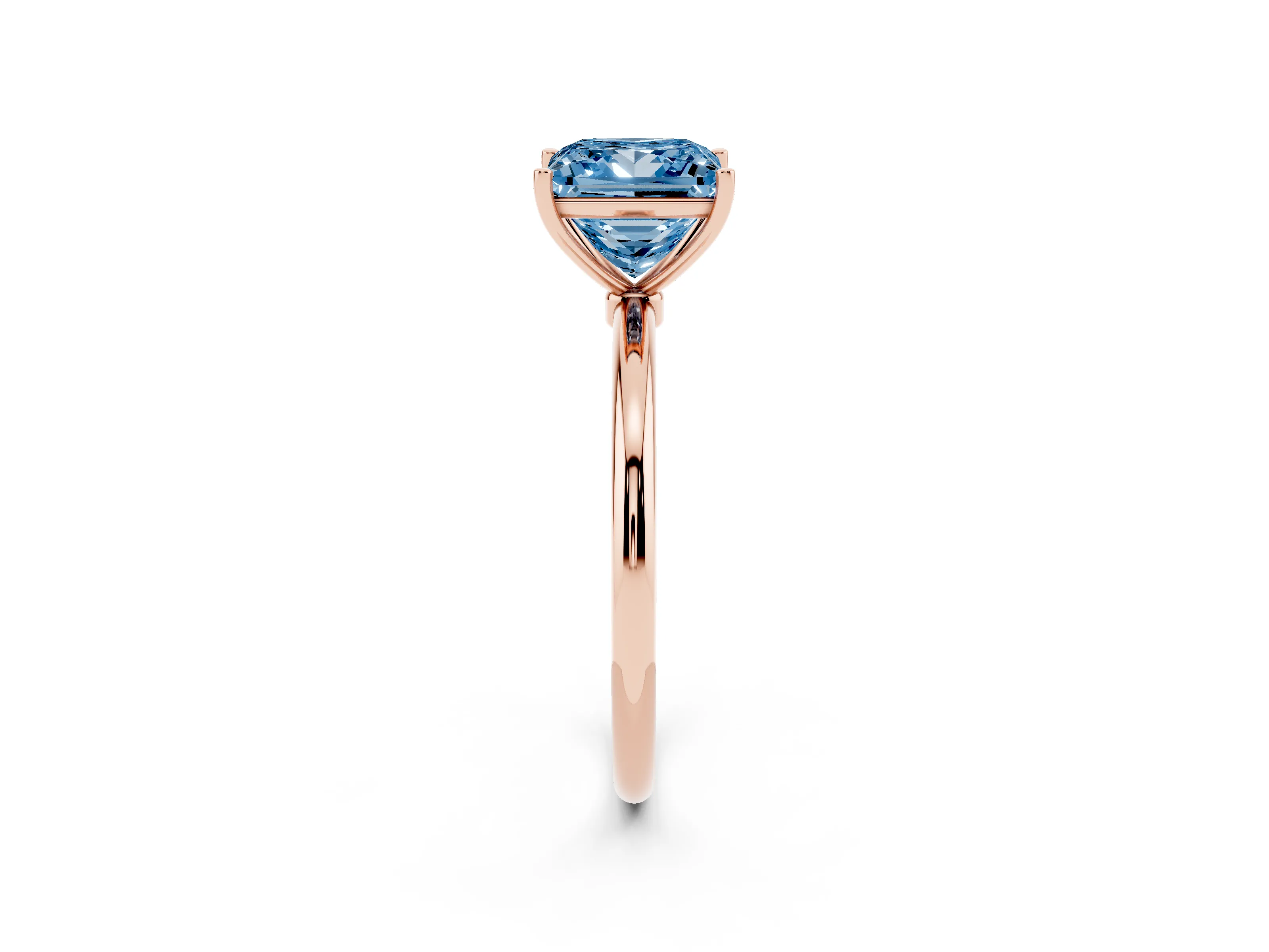 Fancy Blue Princess Cut Diamond Solitaire Engagement Ring Set in Rose gold with Thin Band and Prong Setting