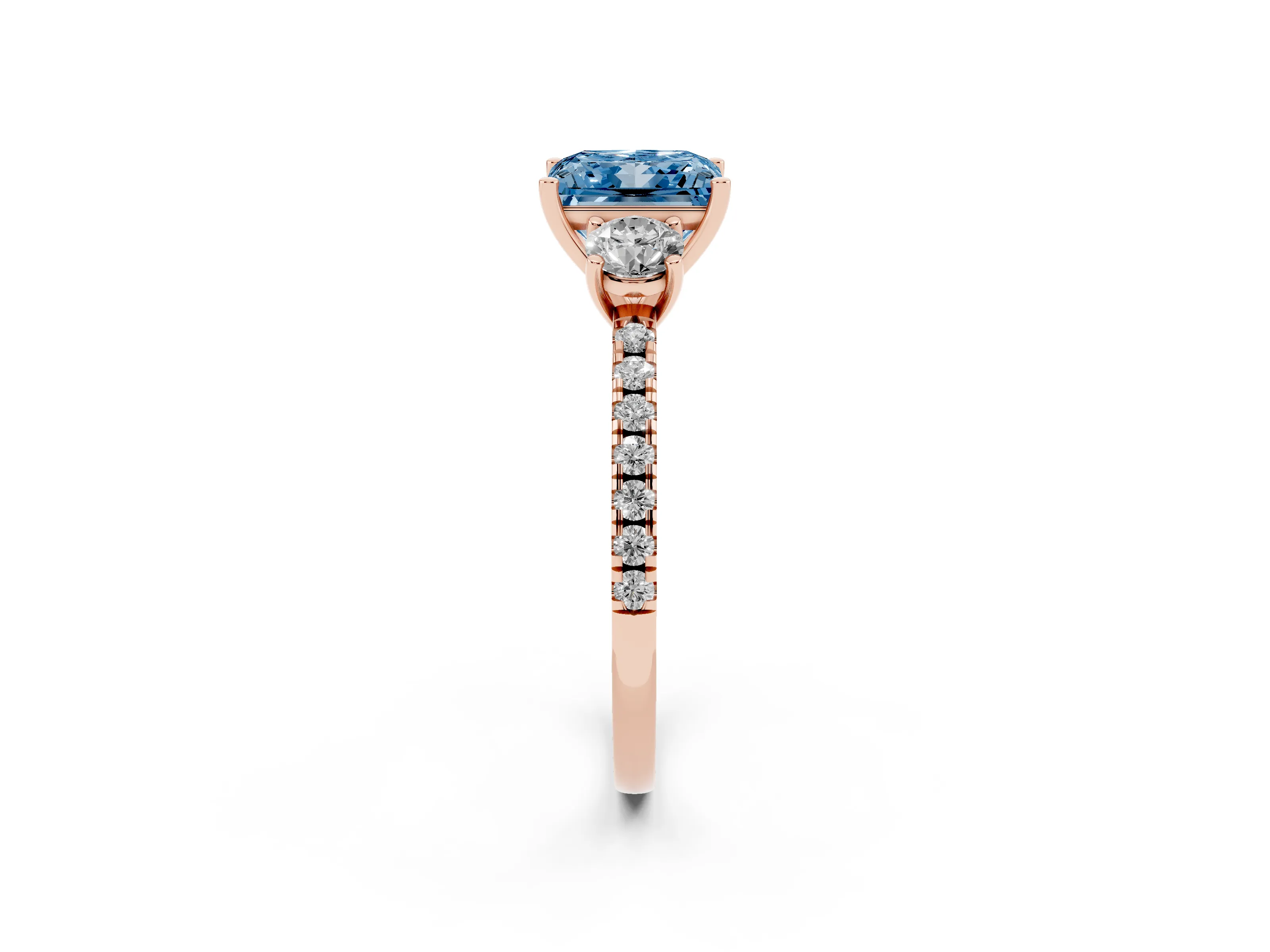 Fancy Blue Princess Cut Diamond Three-Stone Ring Set in Rose gold with Pavé Band and Graduated Sides