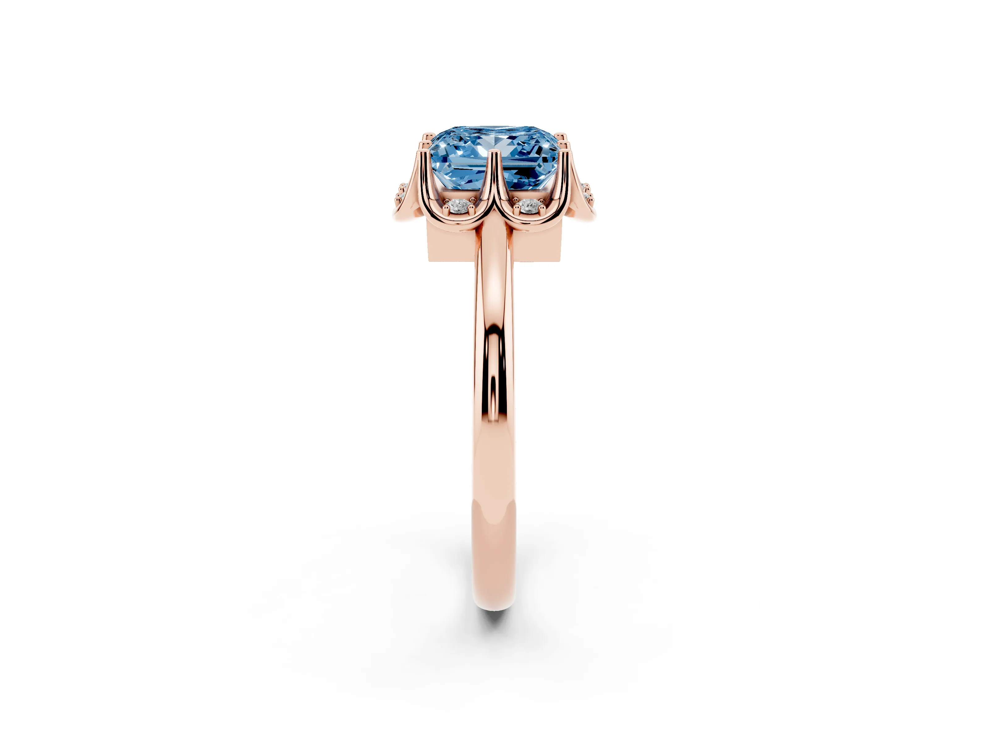 Fancy Blue Princess Cut Diamond Round Cluster Halo Ring Set in Rose gold with Solitaire Band and Prong Setting