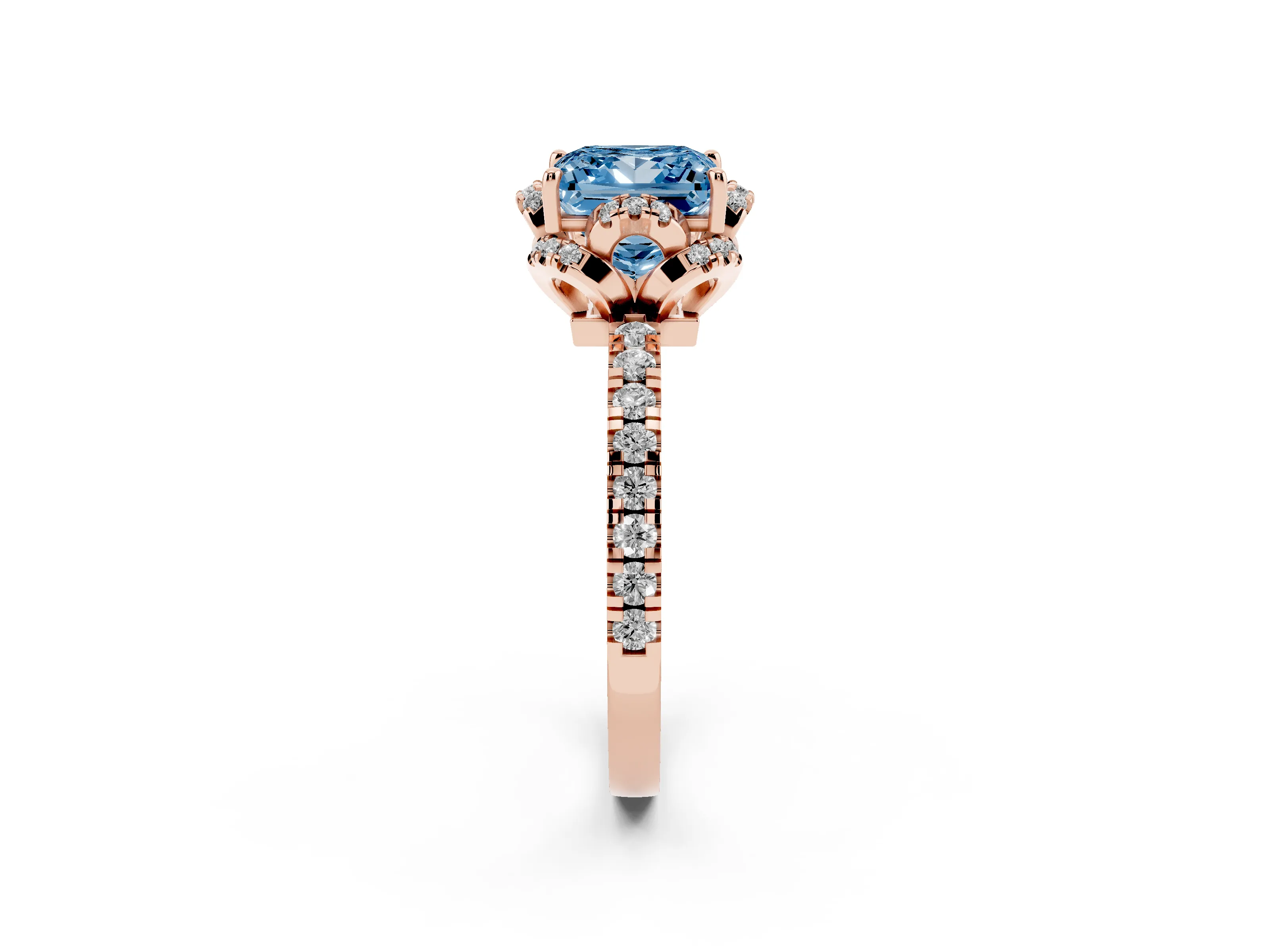 Fancy Blue Princess Cut Diamond Halo Pavé Band Ring Set in Rose gold with Prong-Held Center