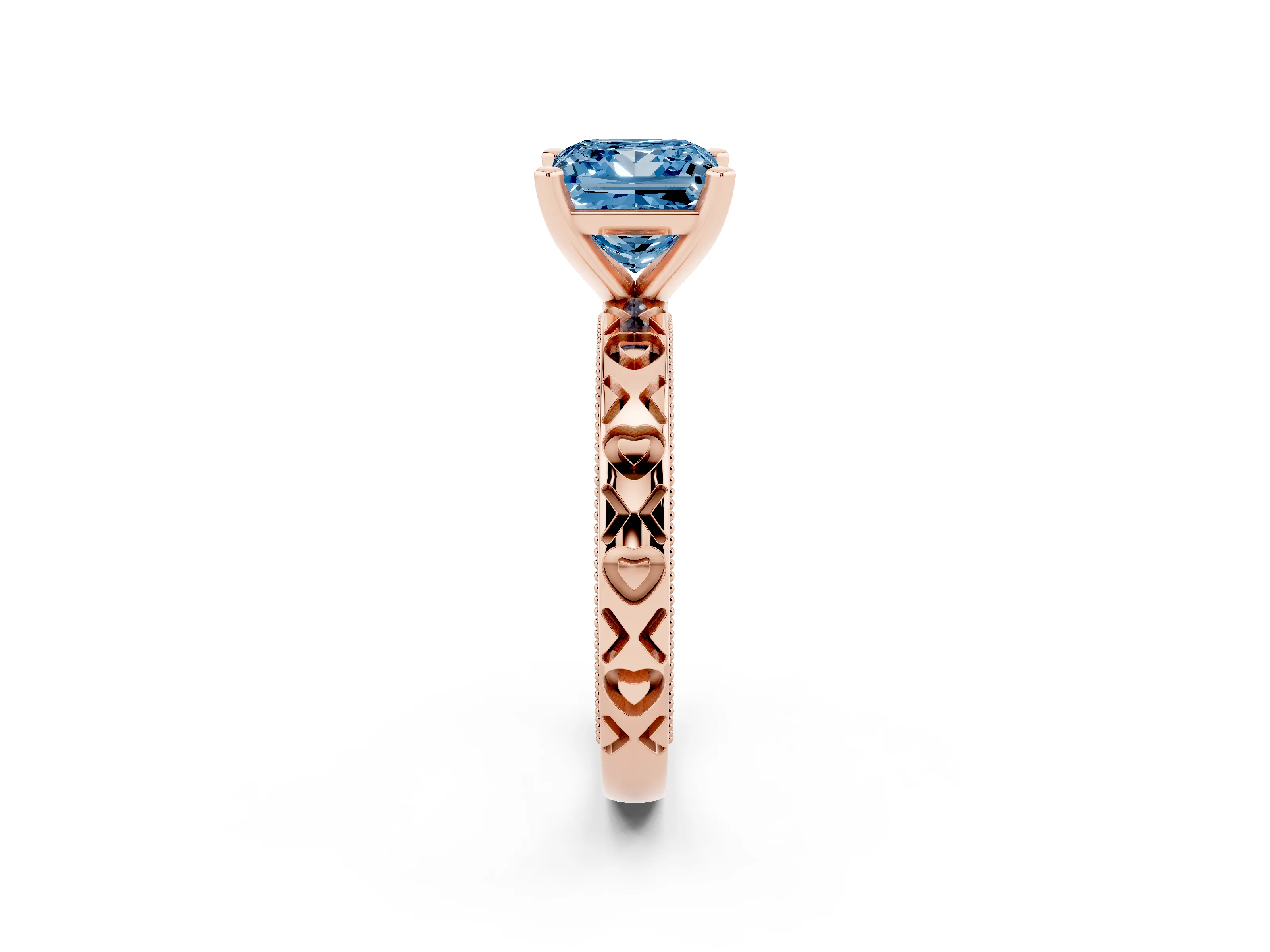 Fancy Blue Princess Cut Diamond Solitaire Engagement Ring Set in Rose gold with XO Engraved Band and Prong Setting