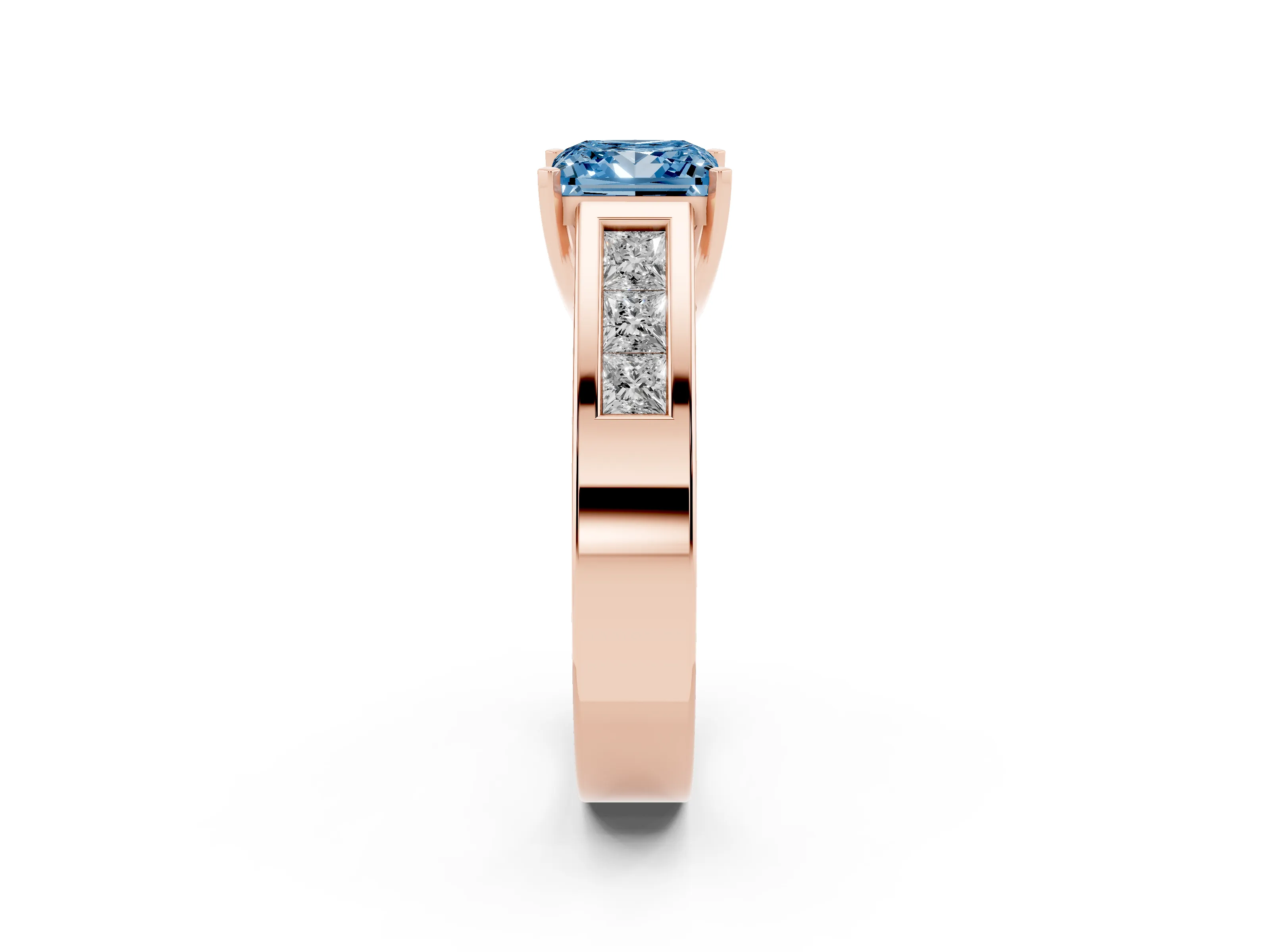 Fancy Blue Princess Cut Diamond Solitaire Ring Set in Rose gold with Channel-Set Accent Stones and Prong Setting