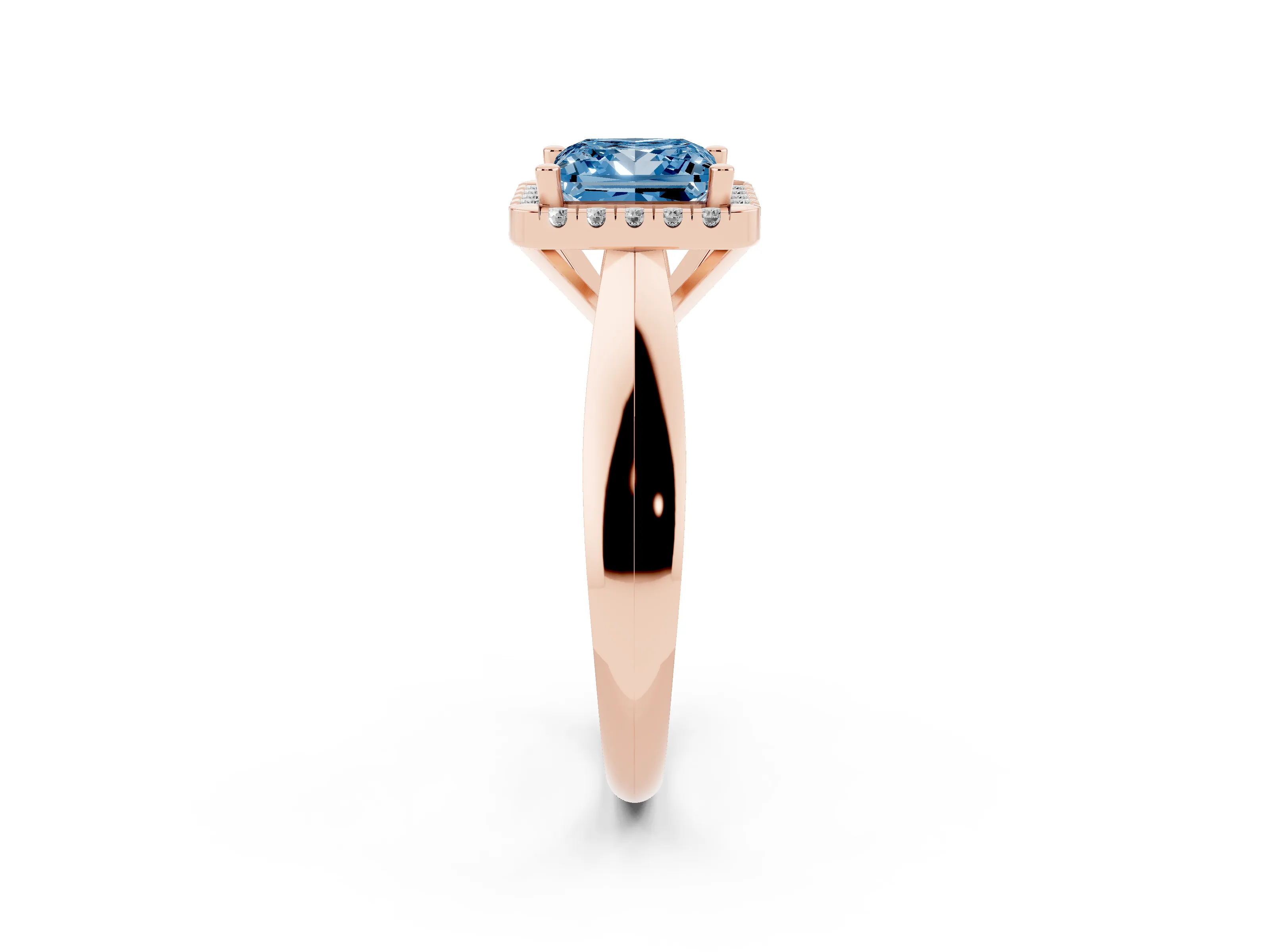 Fancy Blue Princess Cut Diamond Halo Solitaire Engagement Ring Set in Rose gold with Square Band and Prong Setting