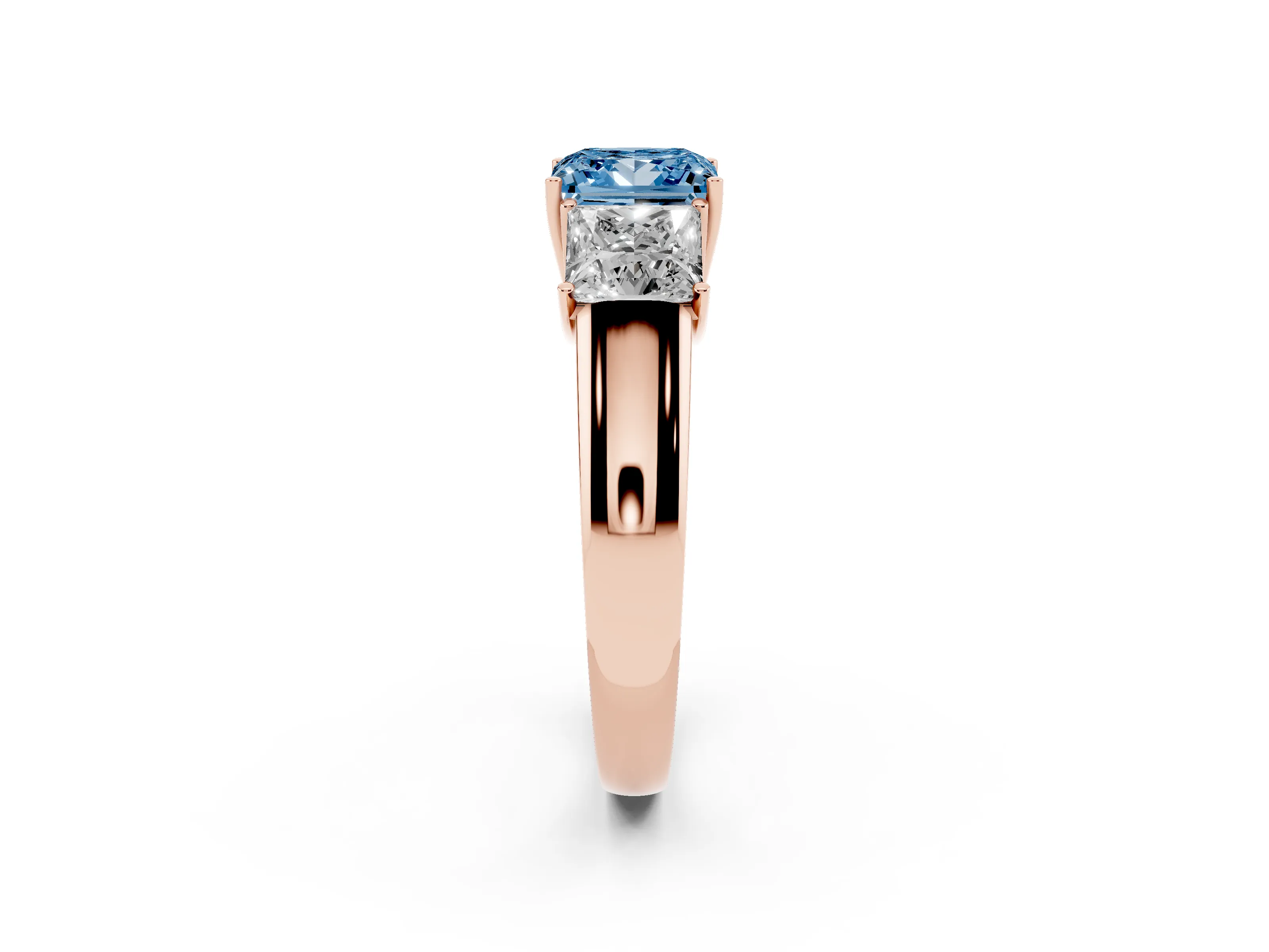 Fancy Blue Three-Stone Princess Cut Diamond Ring Set in Rose gold with Matching Prong Settings and Plain Band