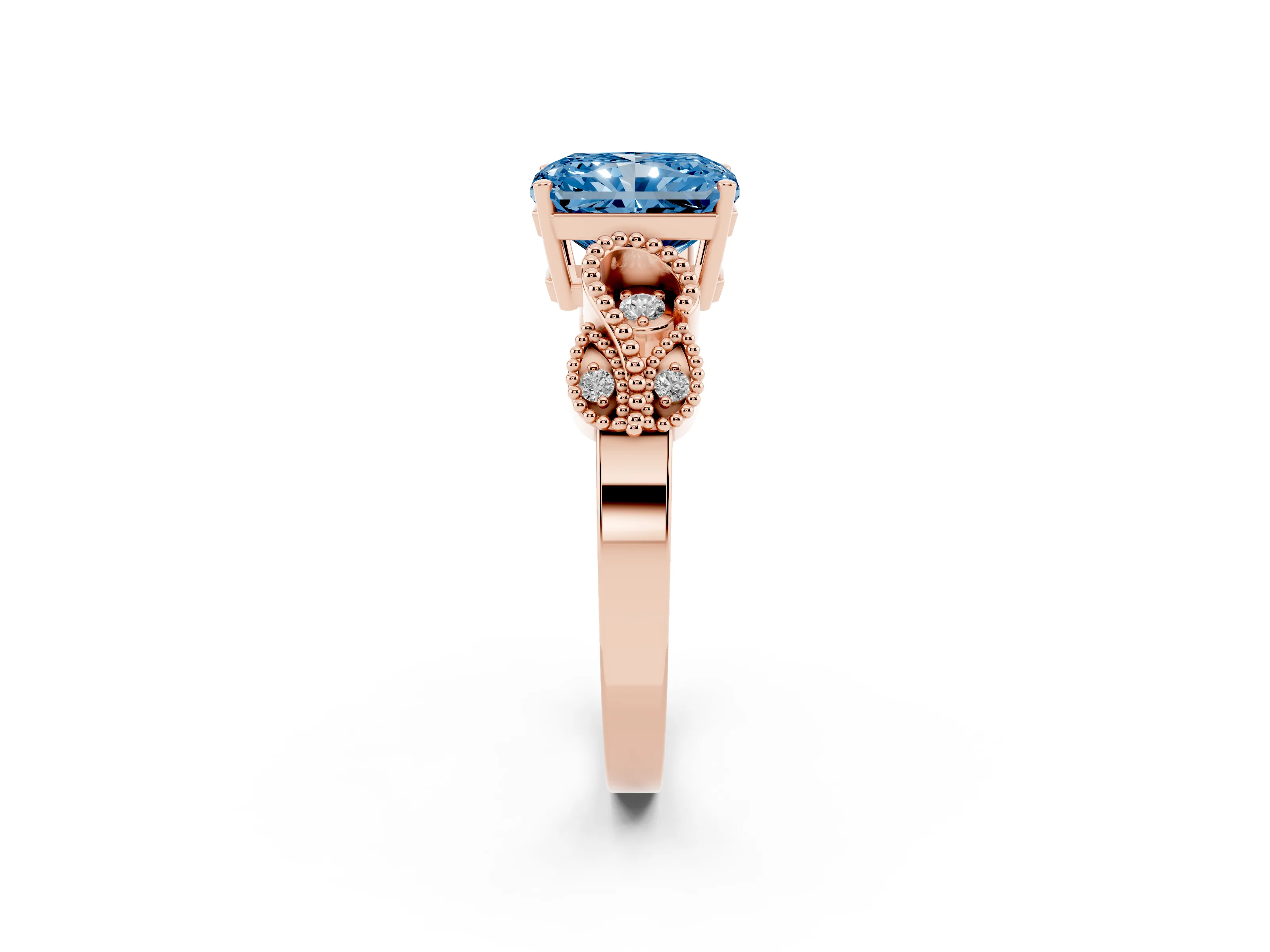 Fancy Blue Princess Cut Diamond Milgrain Leaf Band Solitaire Ring Set in Rose gold with Accent Stones and Prong Setting