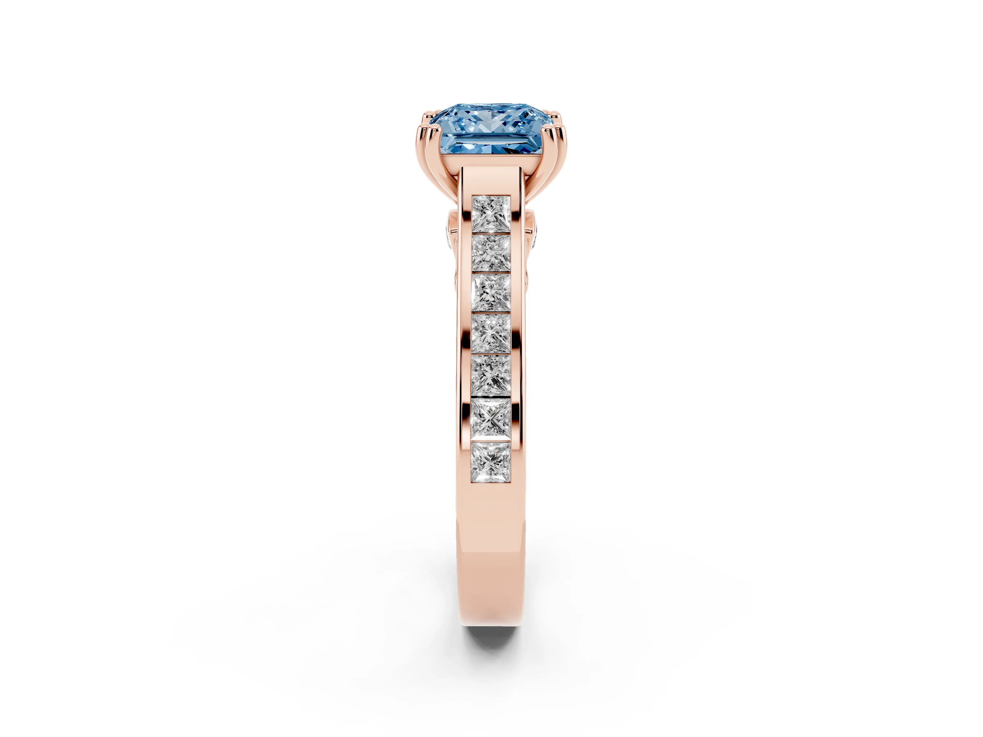 Fancy Blue Princess Cut Diamond Channel Set Solitaire Engagement Ring Set in Rose gold with Prong Setting
