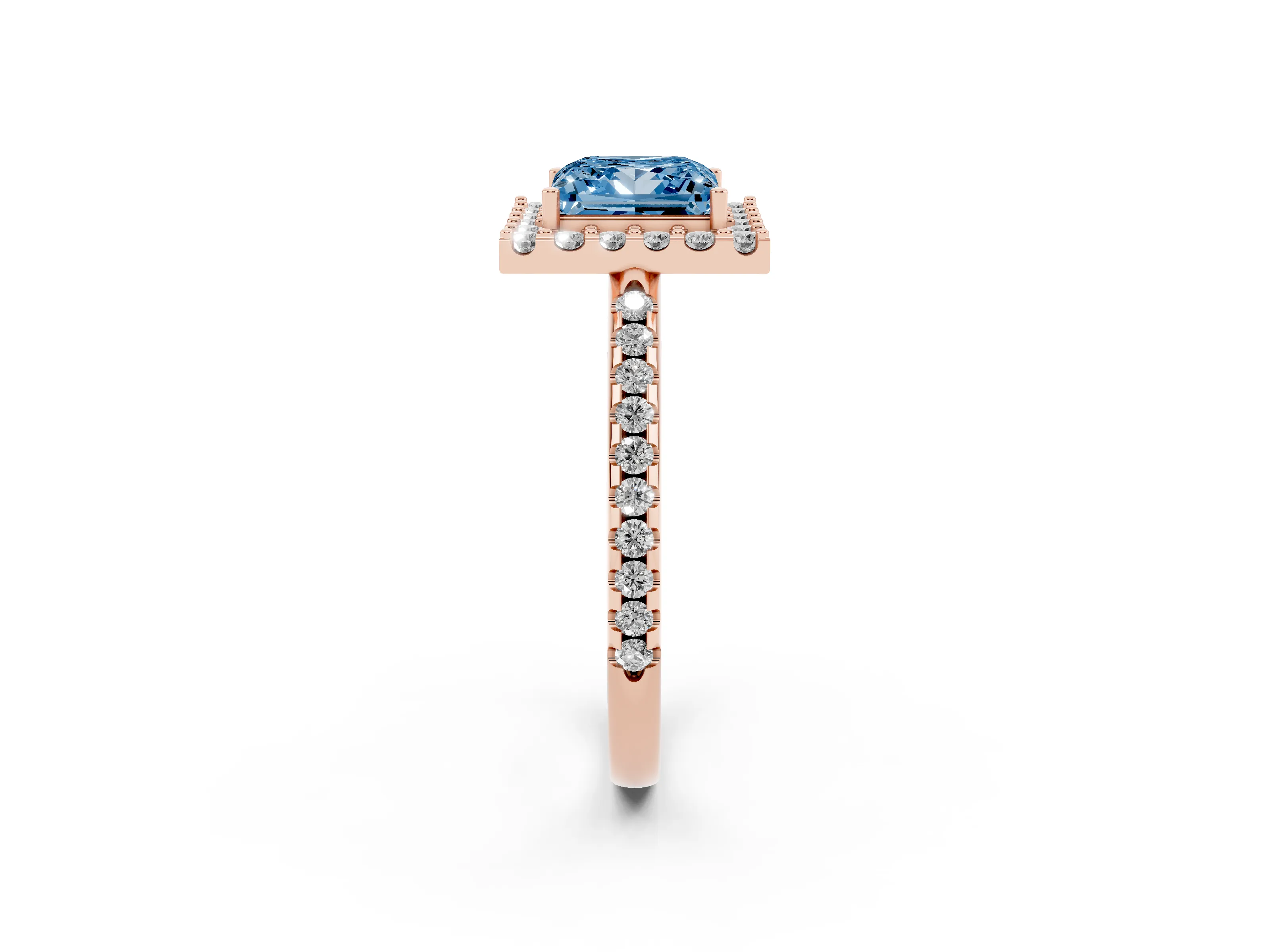 Fancy Blue Princess Cut Diamond Pavé Halo Ring Set in Rose gold with Prong Setting