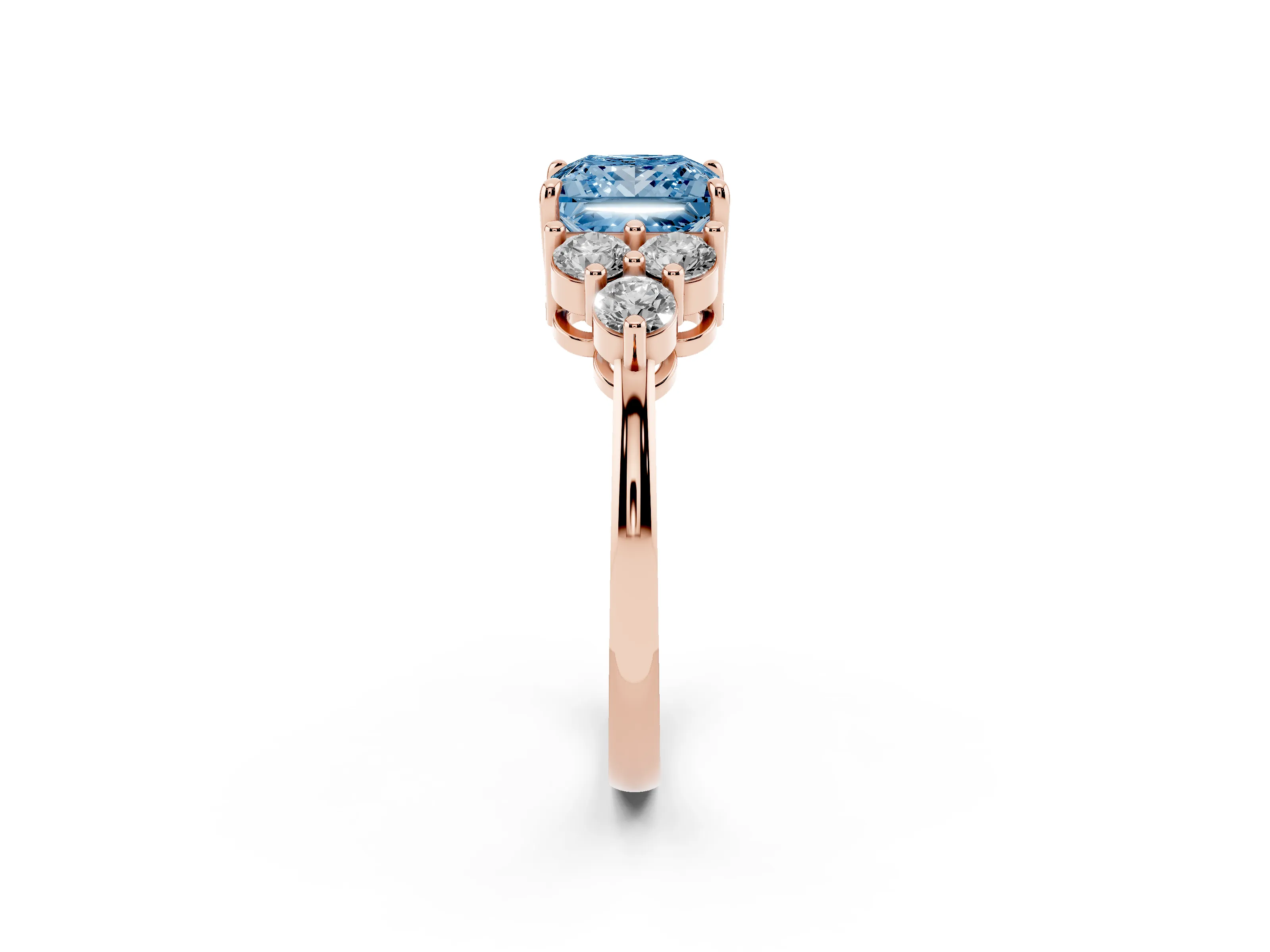 Fancy Blue Princess Cut Diamond Solitaire Ring Set in Rose gold with Cluster Accents on Each Side