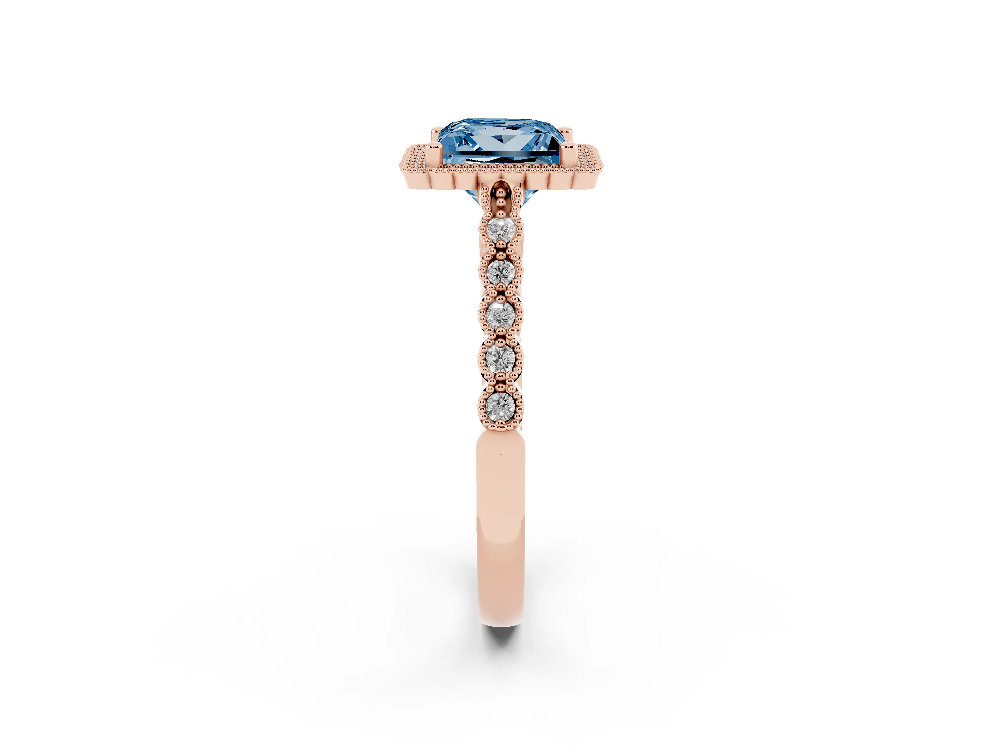 Fancy Blue Princess Cut Diamond Halo Ring Set in Rose gold with Pavé Milgrain Band