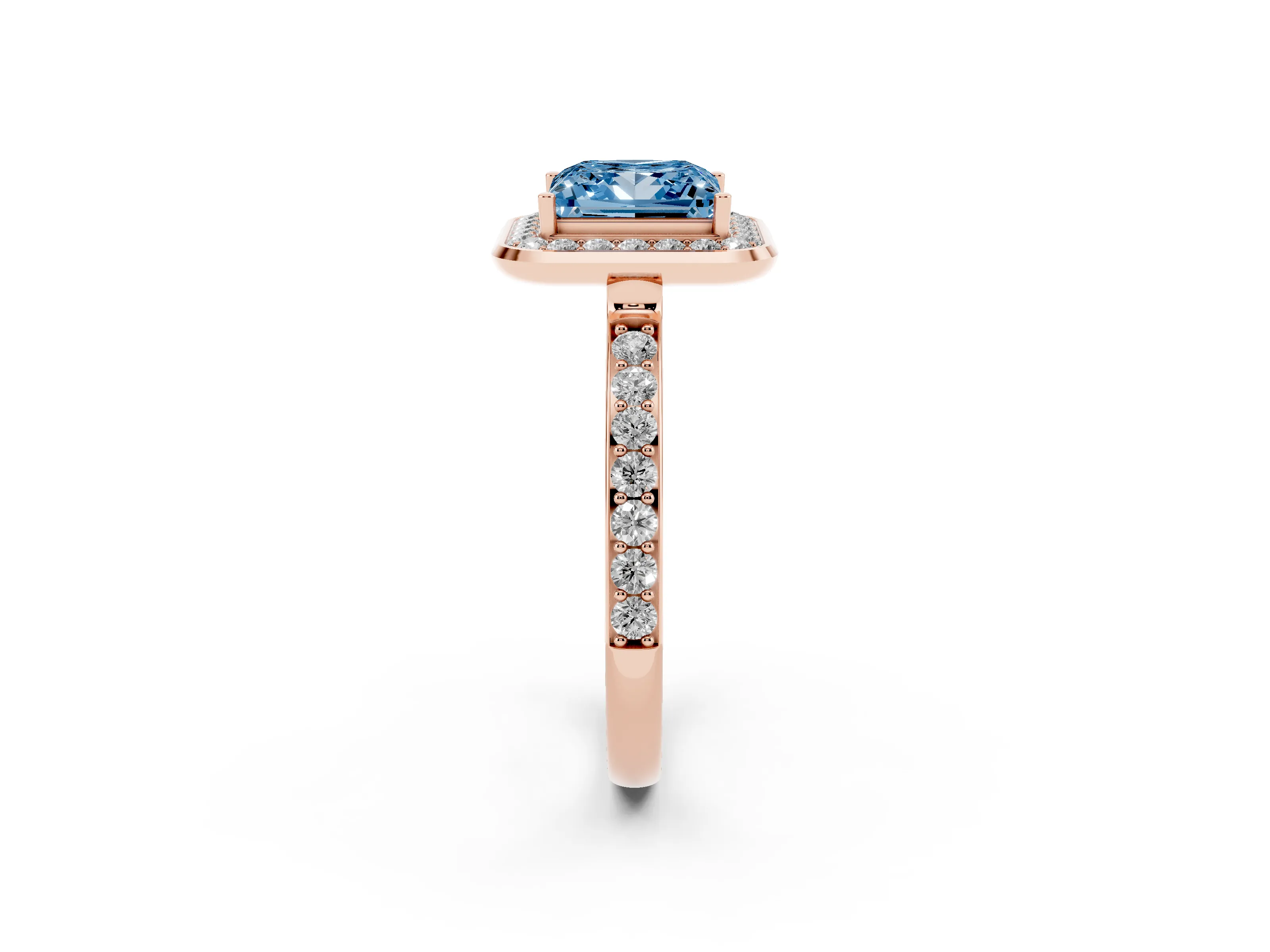 Fancy Blue Princess Cut Diamond Halo Ring Set in Rose gold with Bezel Frame and Pavé Band