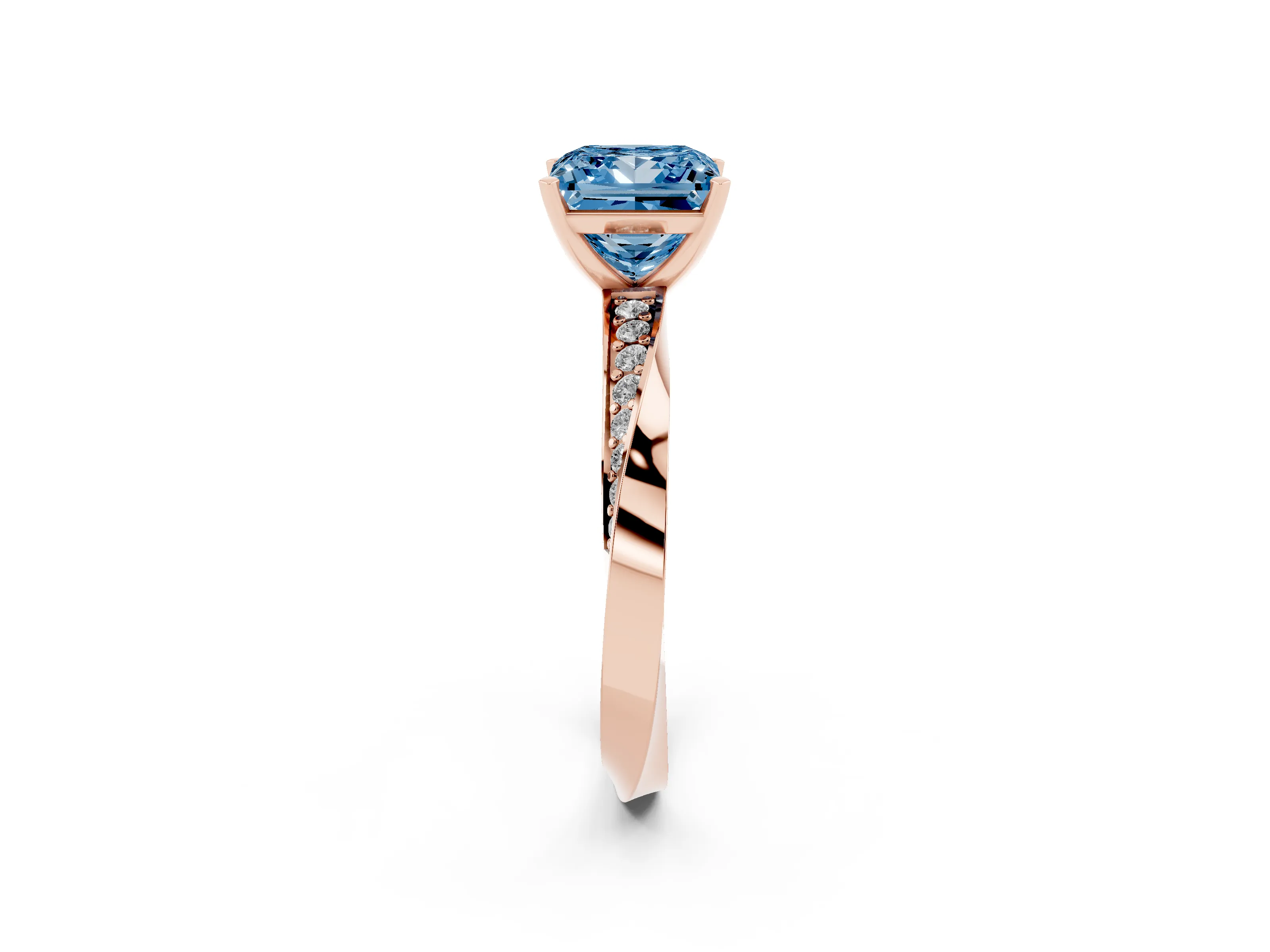 Fancy Blue Princess Cut Diamond Engagement Ring Set in Rose gold with Side Stone Accents and Prong Setting