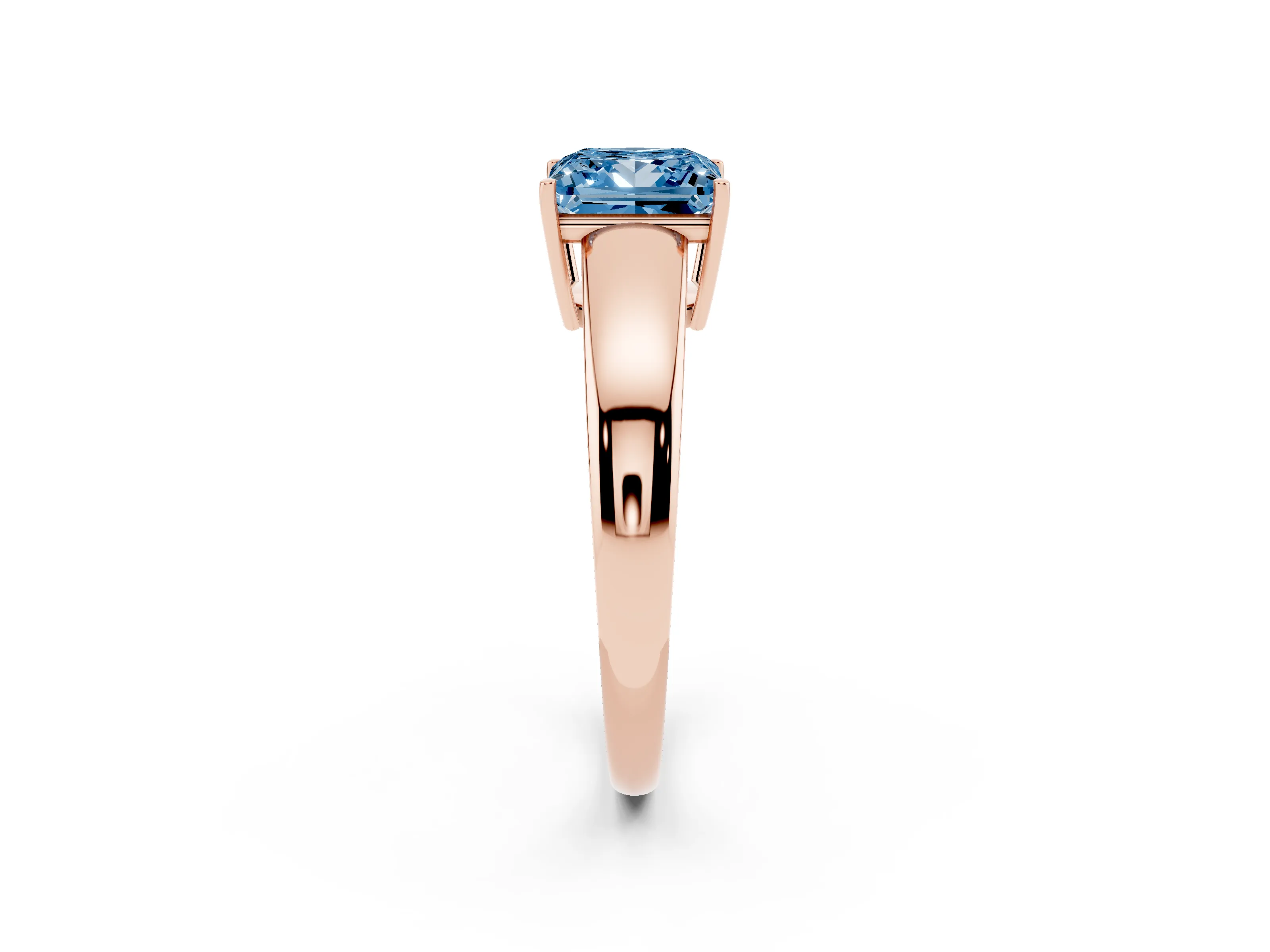 Fancy Blue Princess Cut Diamond Solitaire Ring Set in Rose gold with Tapered Band and Prong Setting