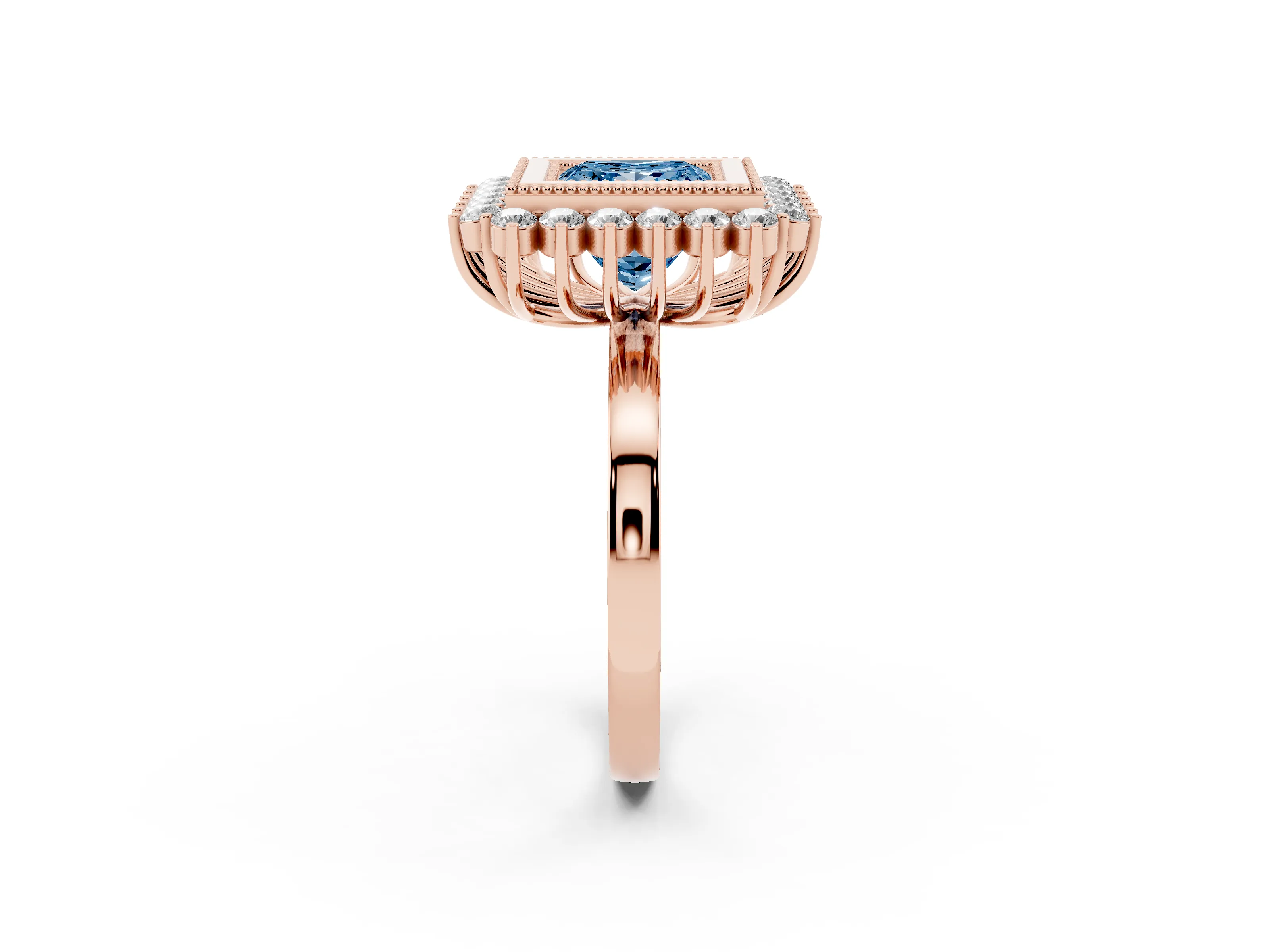 Fancy Blue Princess Cut Diamond Halo Ring Set in Rose gold with Milgrain Edge and Round Prong Setting