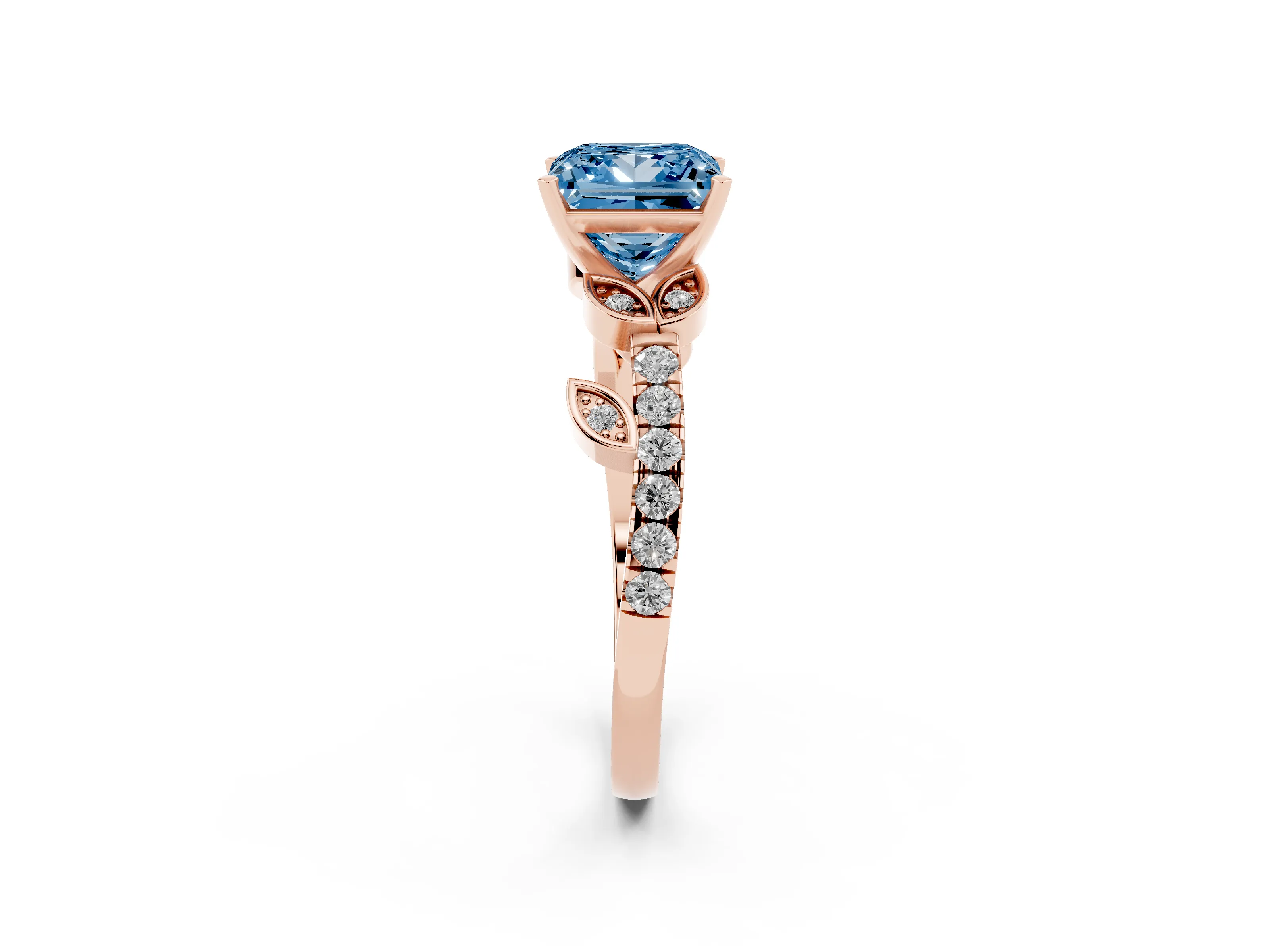 Fancy Blue Princess Cut Diamond Solitaire Leaf-Inspired Ring Set in Rose gold with Pavé Band and Prong Setting