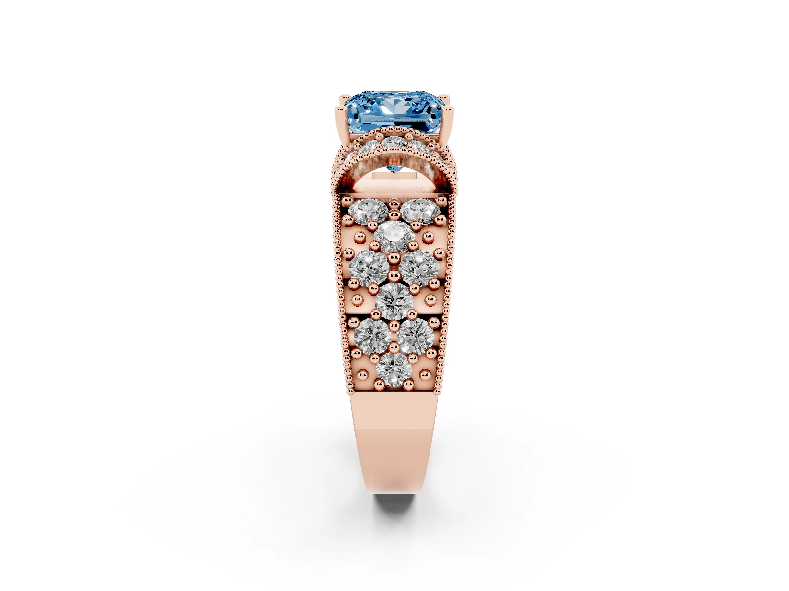 Fancy Blue Princess Cut Diamond Milgrain Halo Pavé Engagement Ring Set in Rose gold with Prong Setting