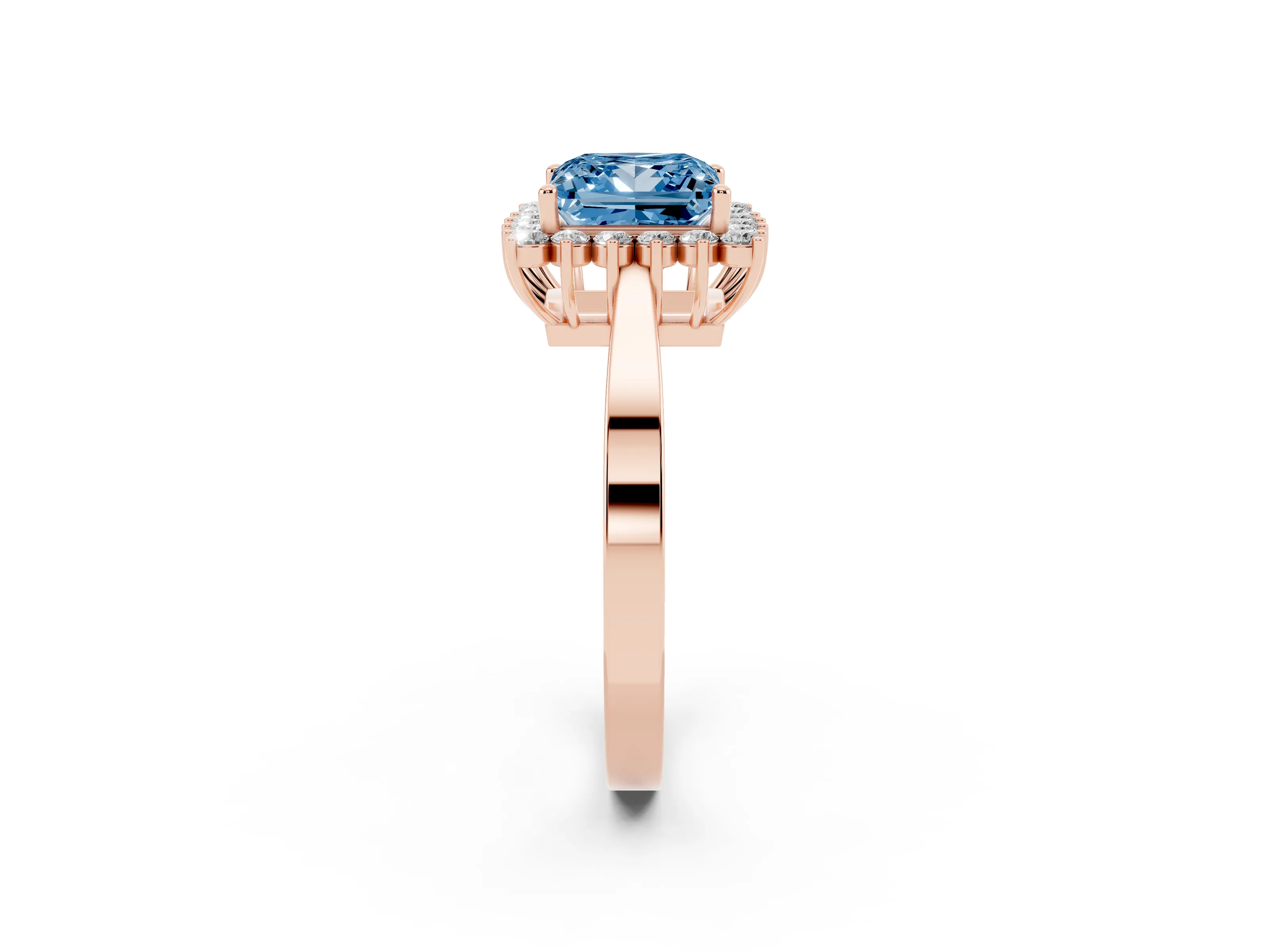 Fancy Blue Princess Cut Diamond Halo Ring Set in Rose gold with Round Halo and Smooth Solitaire Band