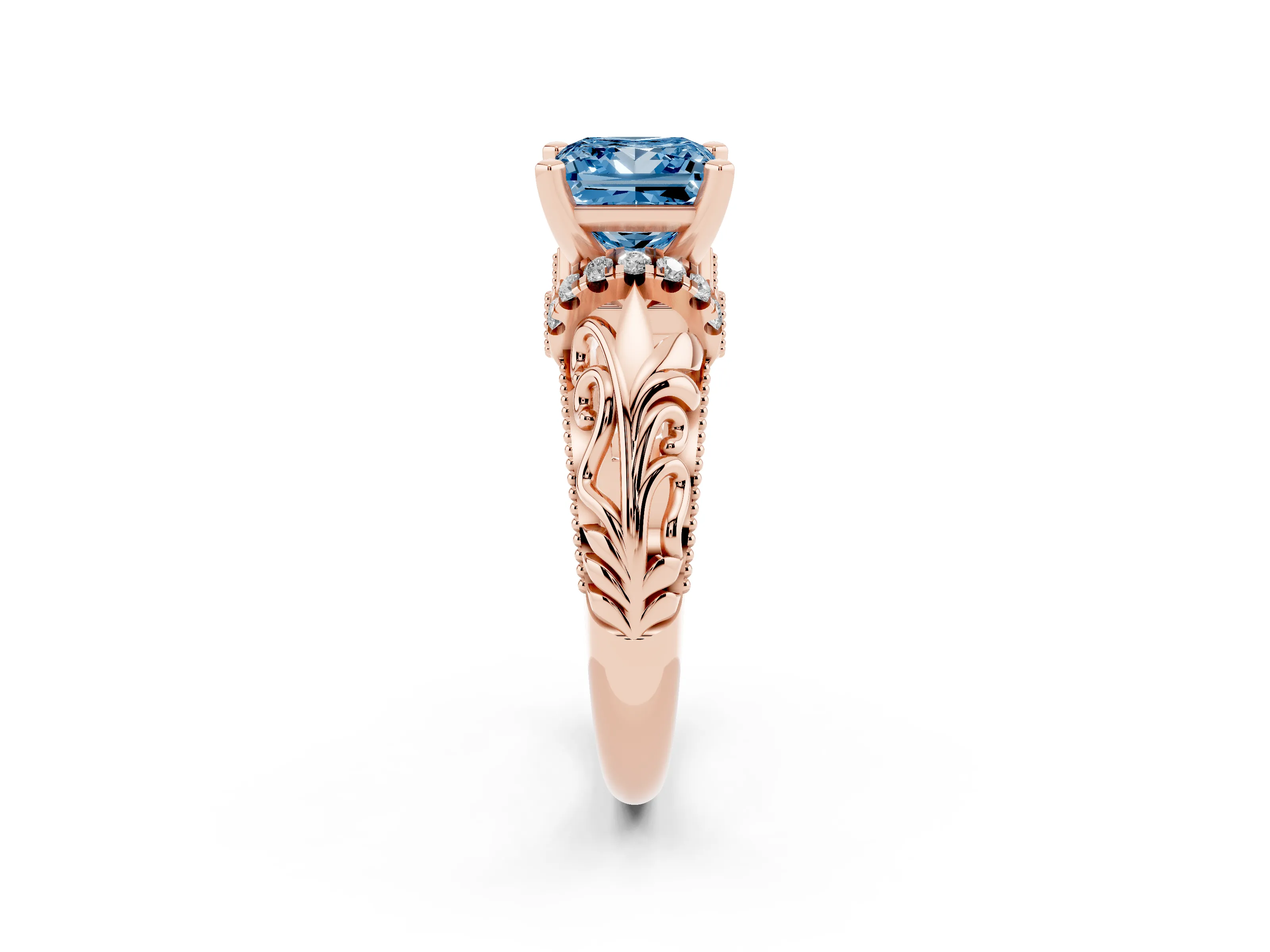 Fancy Blue Princess Cut Diamond Filigree Halo Engagement Ring Set in Rose gold with Prong Setting