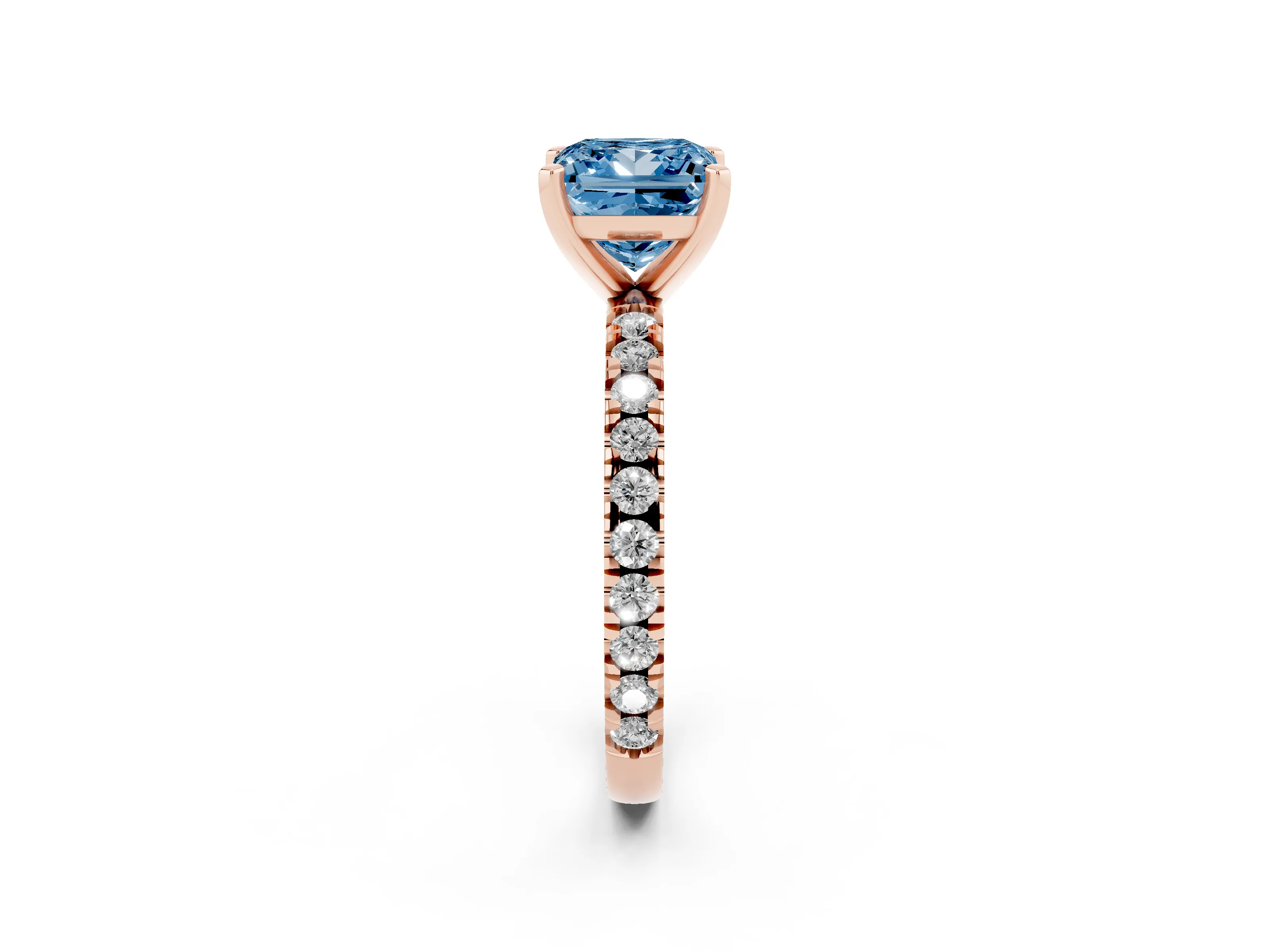 Fancy Blue Princess Cut Diamond Pavé Band Solitaire Set in Rose gold with Prong Setting