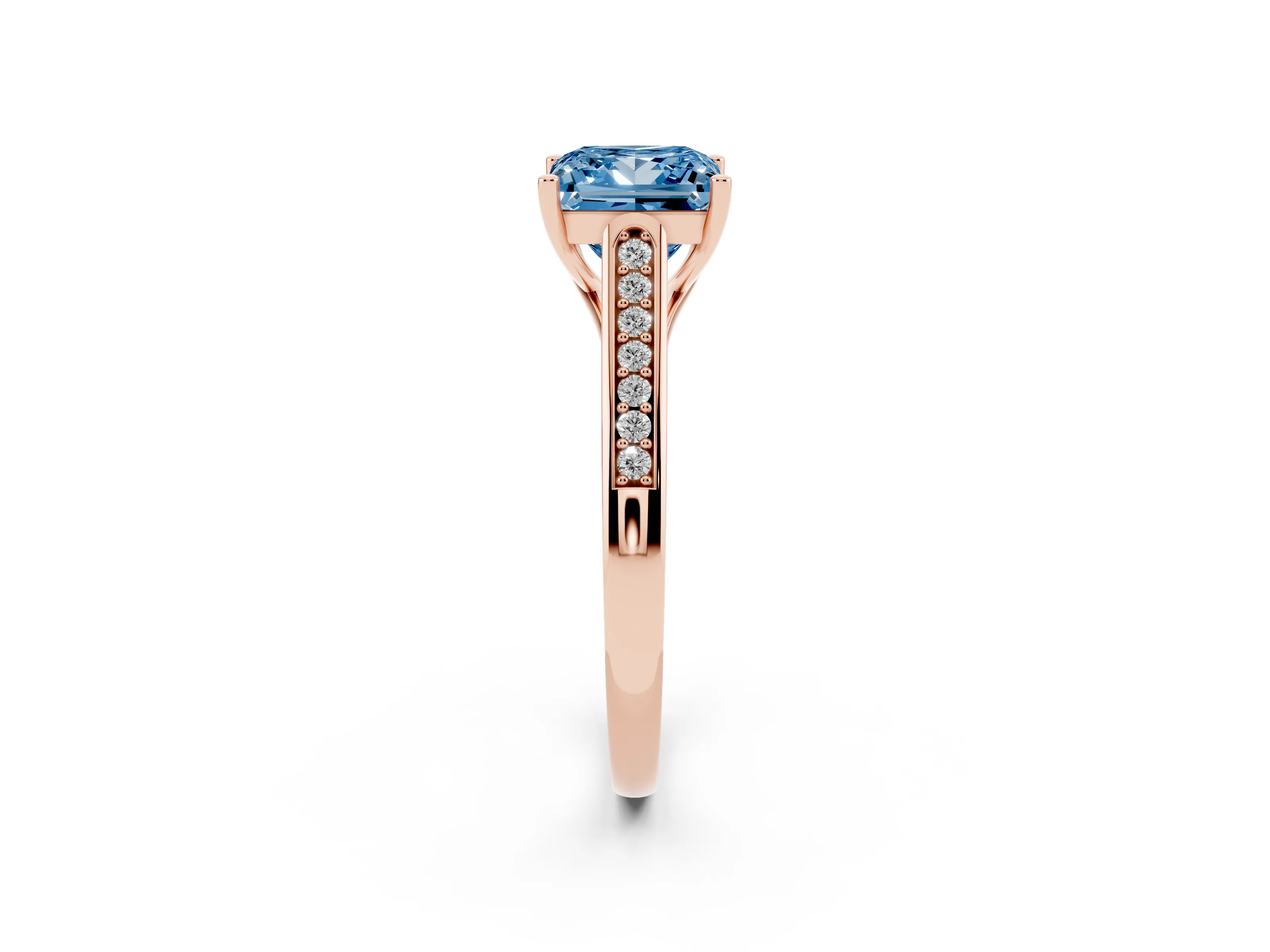 Fancy Blue Princess Cut Diamond Solitaire Cathedral Engagement Ring Set in Rose gold with Channel-Set Band and Prong Setting