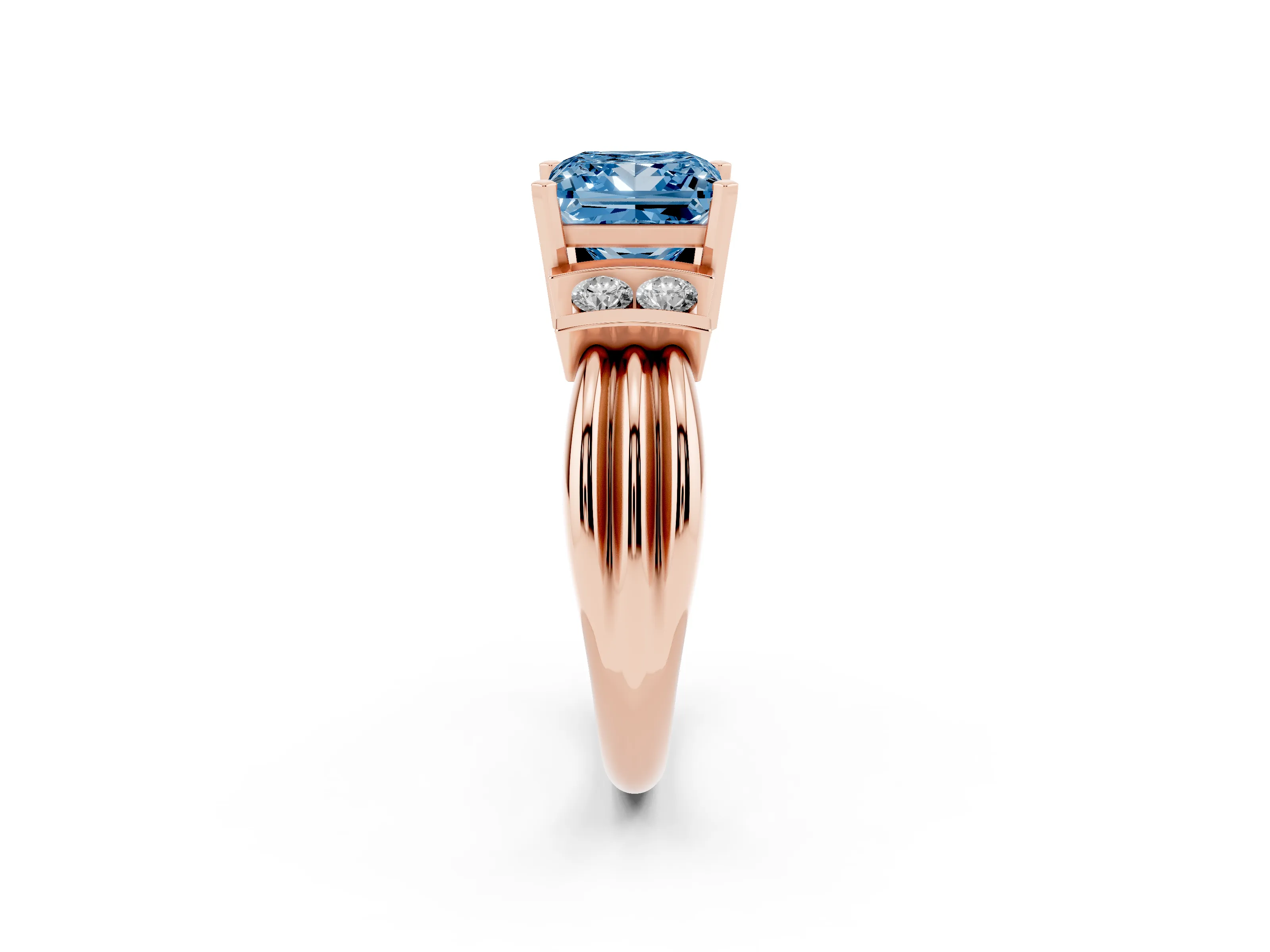 Fancy Blue Three-Stone Princess Cut Diamond Channel Set Ring Set in Rose gold with Bar Prongs