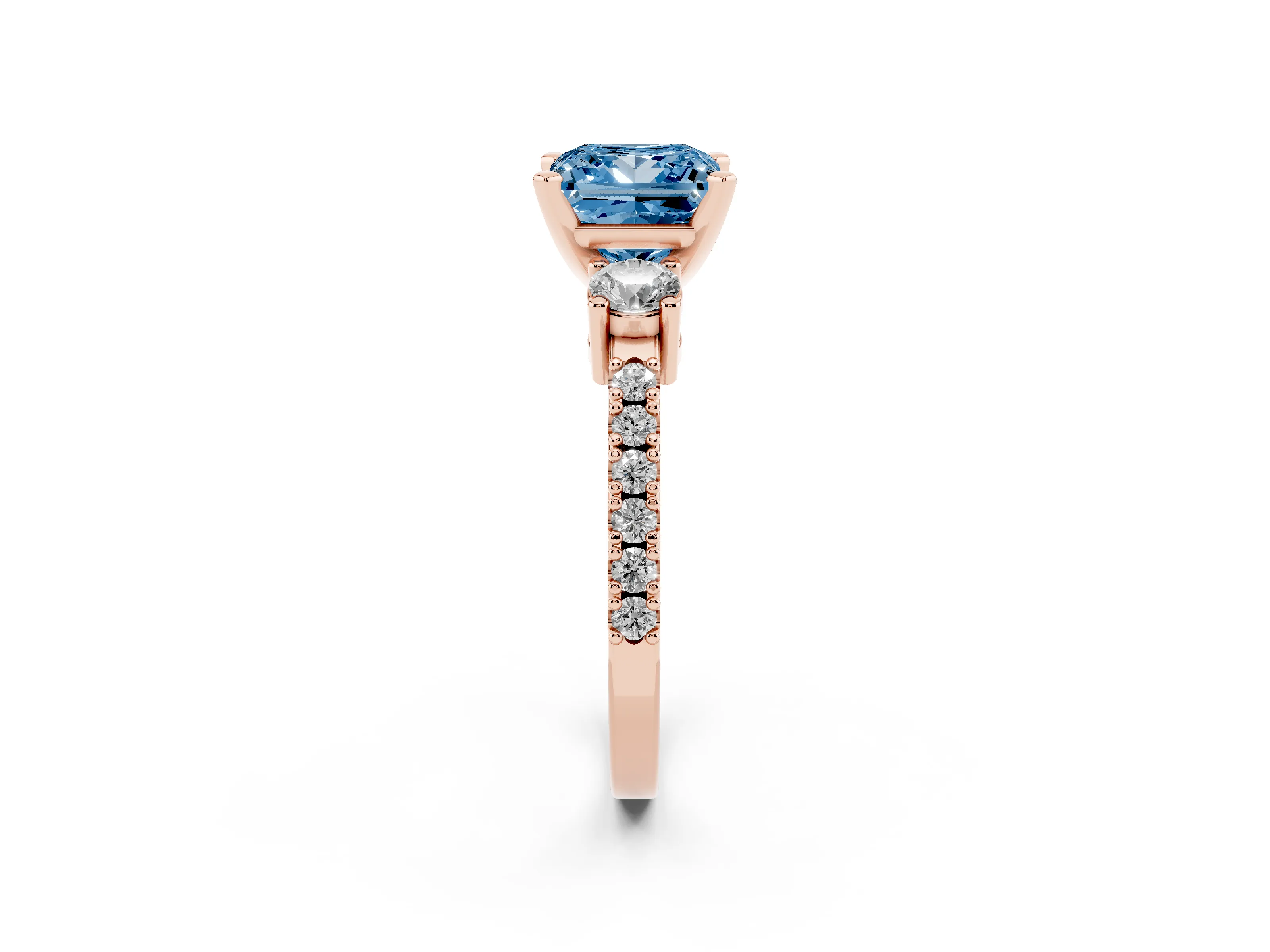 Fancy Blue Three-Stone Princess Cut Diamond Pavé Band Ring Set in Rose gold with Prong Setting