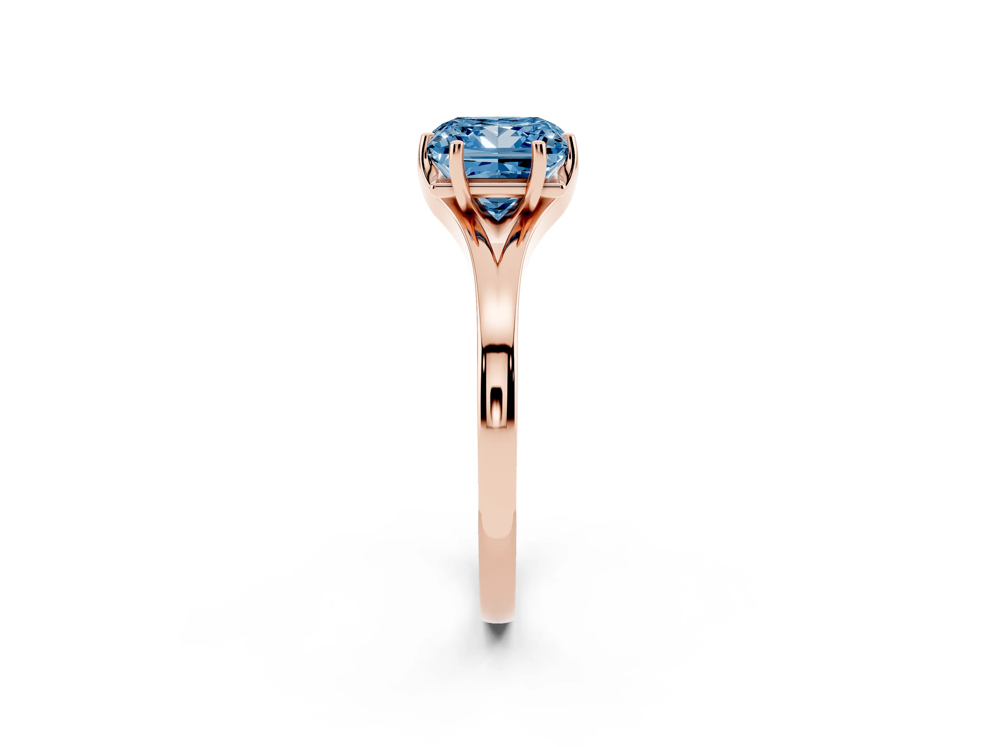 Fancy Blue Princess Cut Diamond Solitaire Ring Set in Rose gold with Polished Tapered Band and Prong Setting