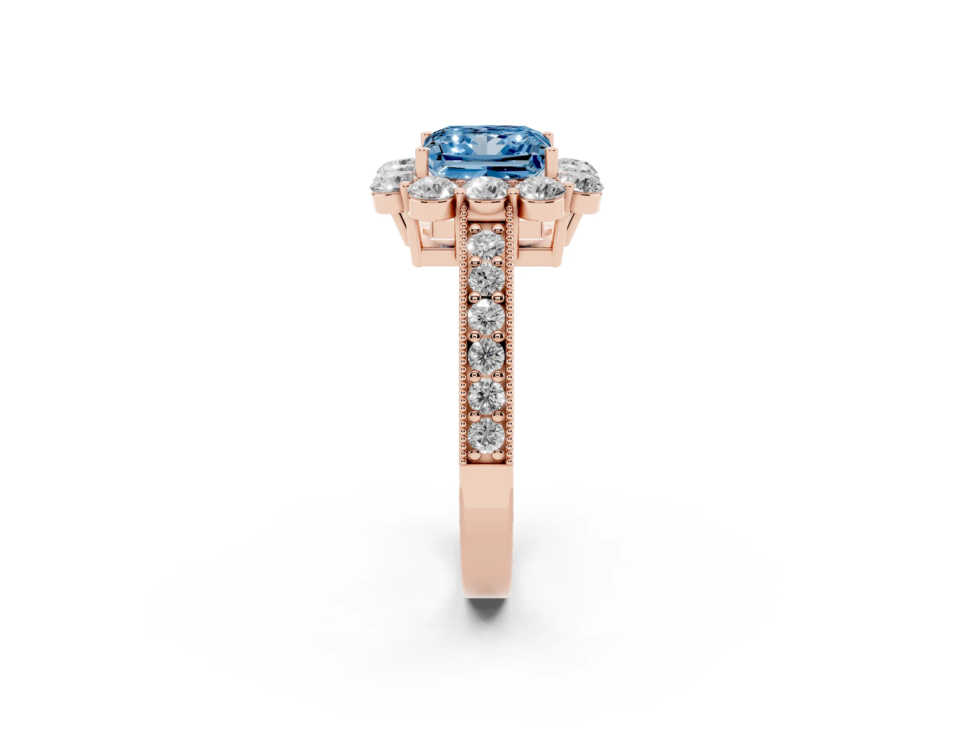 Fancy Blue Princess Cut Diamond Halo Pavé Engagement Ring Set in Rose gold with Milgrain Detailing