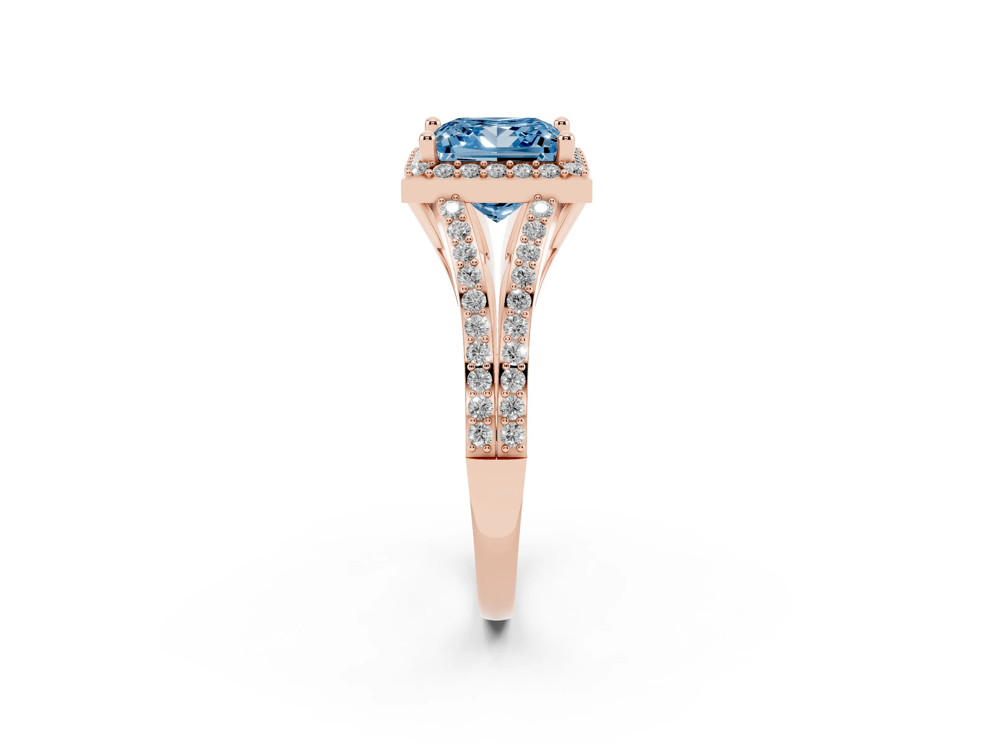 Fancy Blue Princess Cut Diamond Halo Split Shank Pavé Ring Set in Rose gold with Prong Setting
