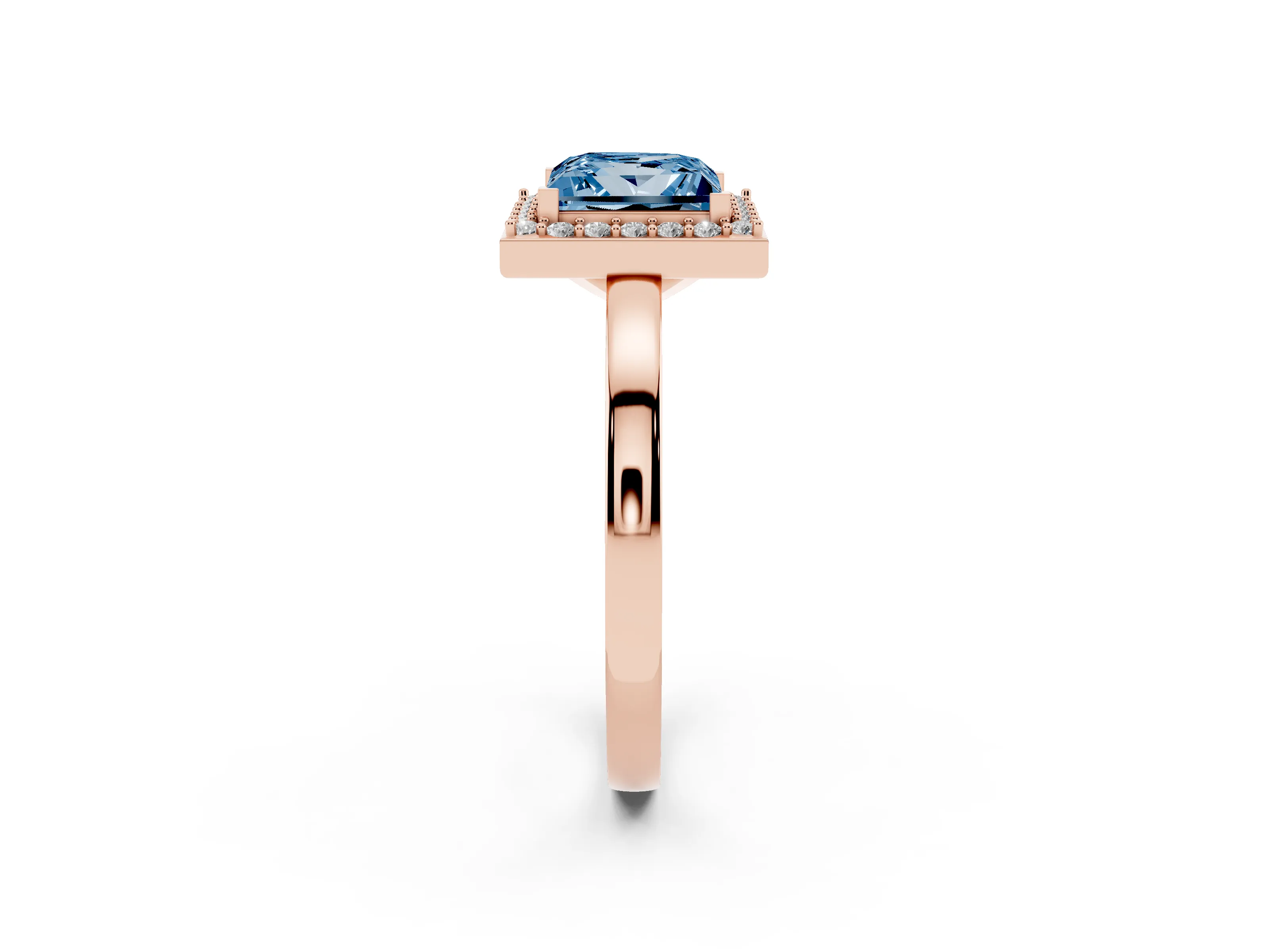 Fancy Blue Princess Cut Diamond Halo Ring Set in Rose gold with Solitaire Band and Prong Setting