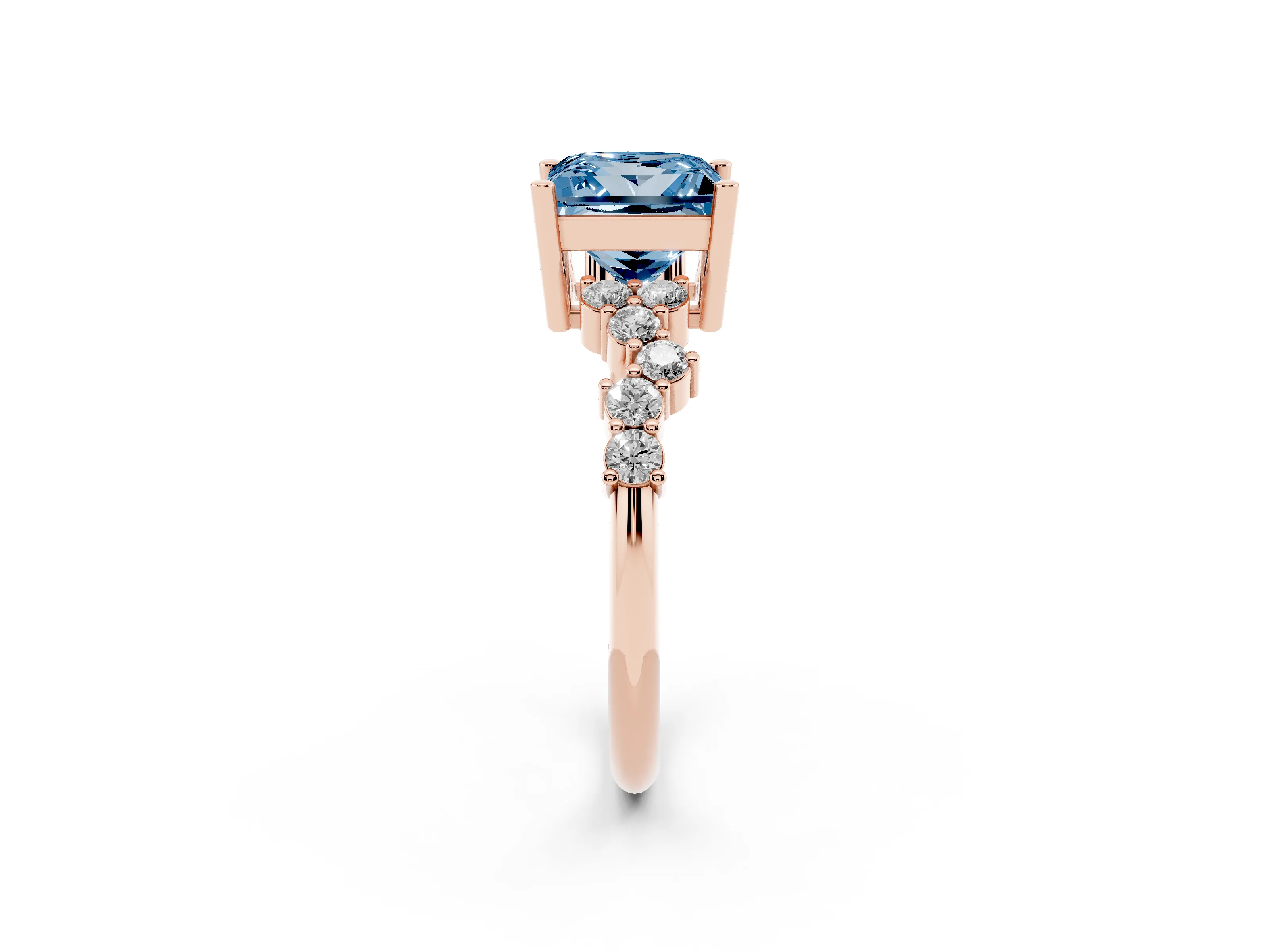 Fancy Blue Princess Cut Diamond Ring Set in Rose gold with Scattered Round Accents