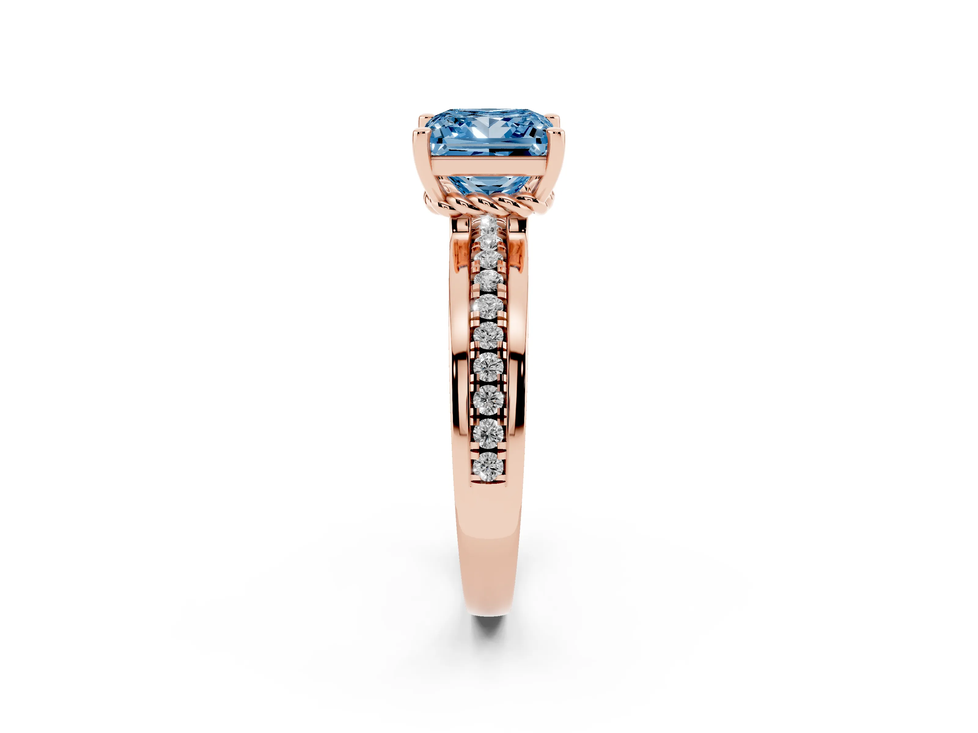 Fancy Blue Princess Cut Diamond Solitaire Ring Set in Rose gold with Channel Set Band and Prong Setting