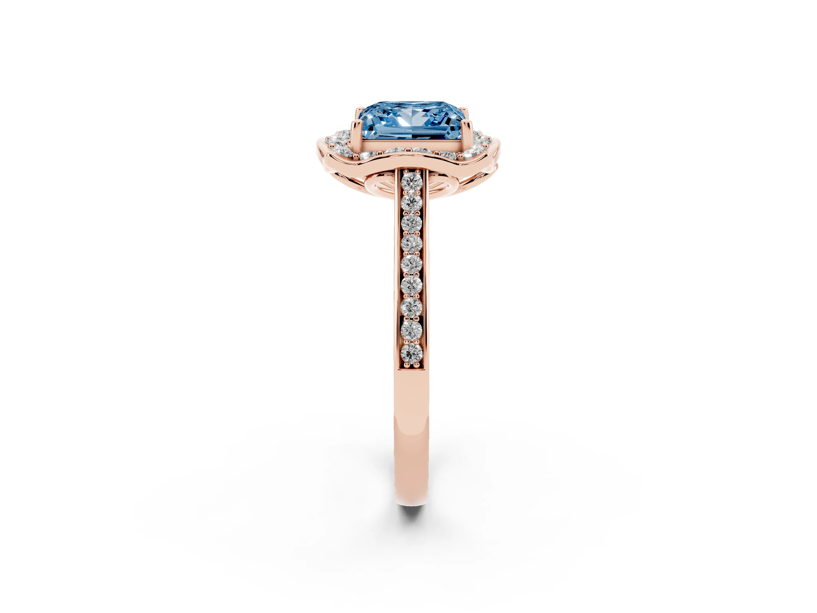 Fancy Blue Princess Cut Diamond Halo Ring Set in Rose gold with Pavé-Lined Shoulders and Prong Setting