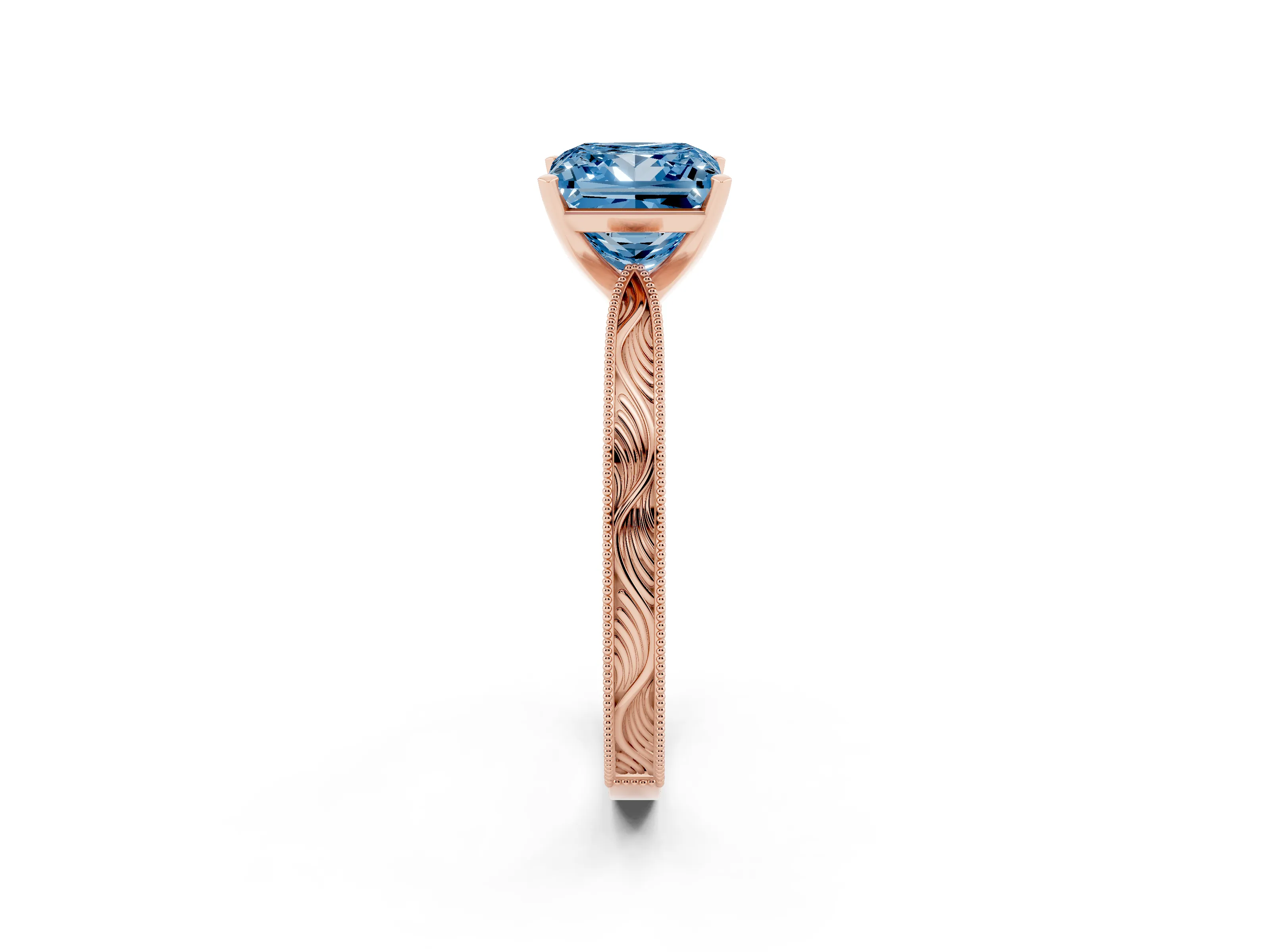 Fancy Blue Princess Cut Diamond Solitaire Milgrain Engraved Band Set in Rose gold with Prong Setting