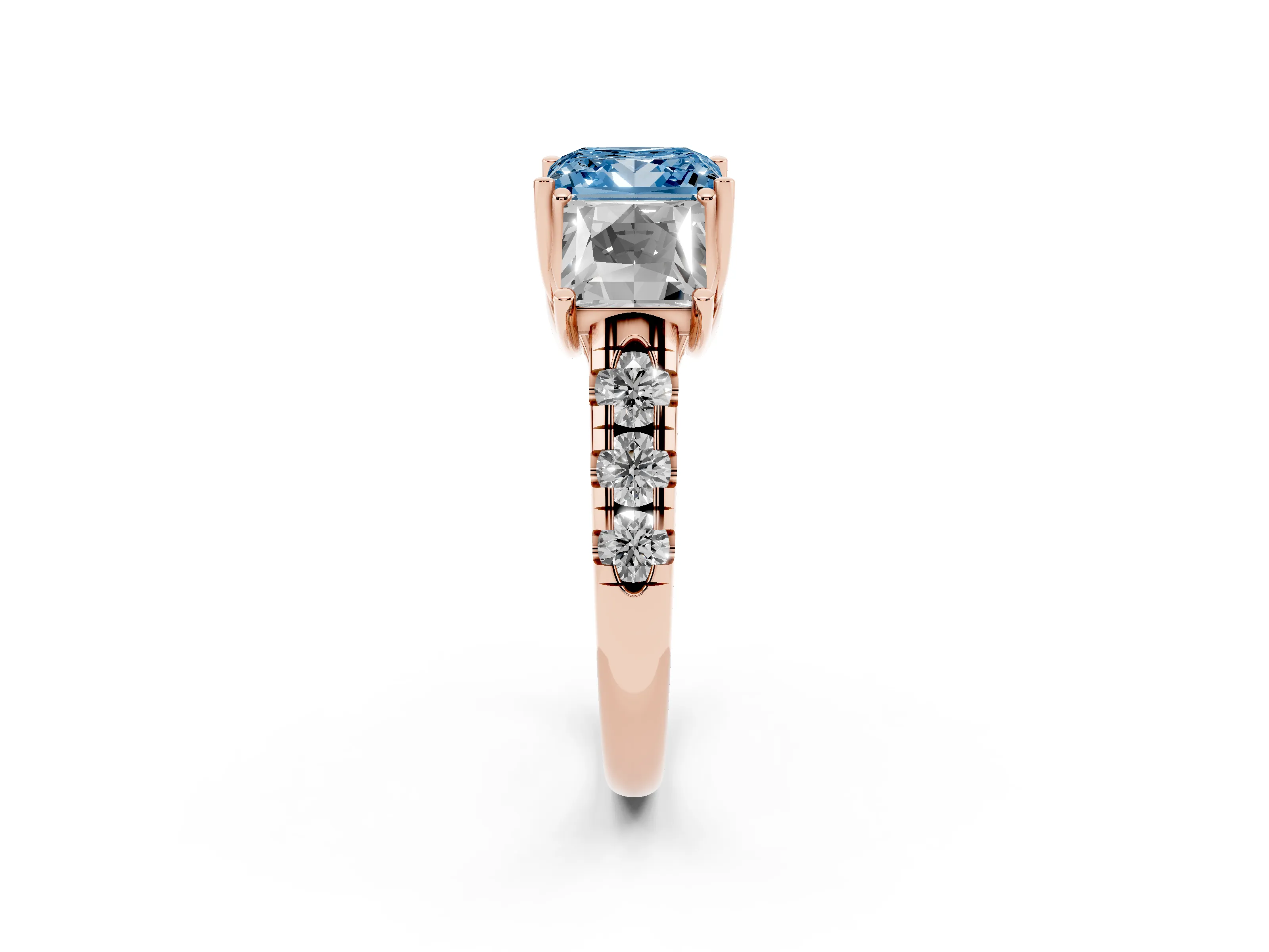 Fancy Blue Princess Cut Diamond Three-Stone Ring Set in Rose gold with Pavé Band