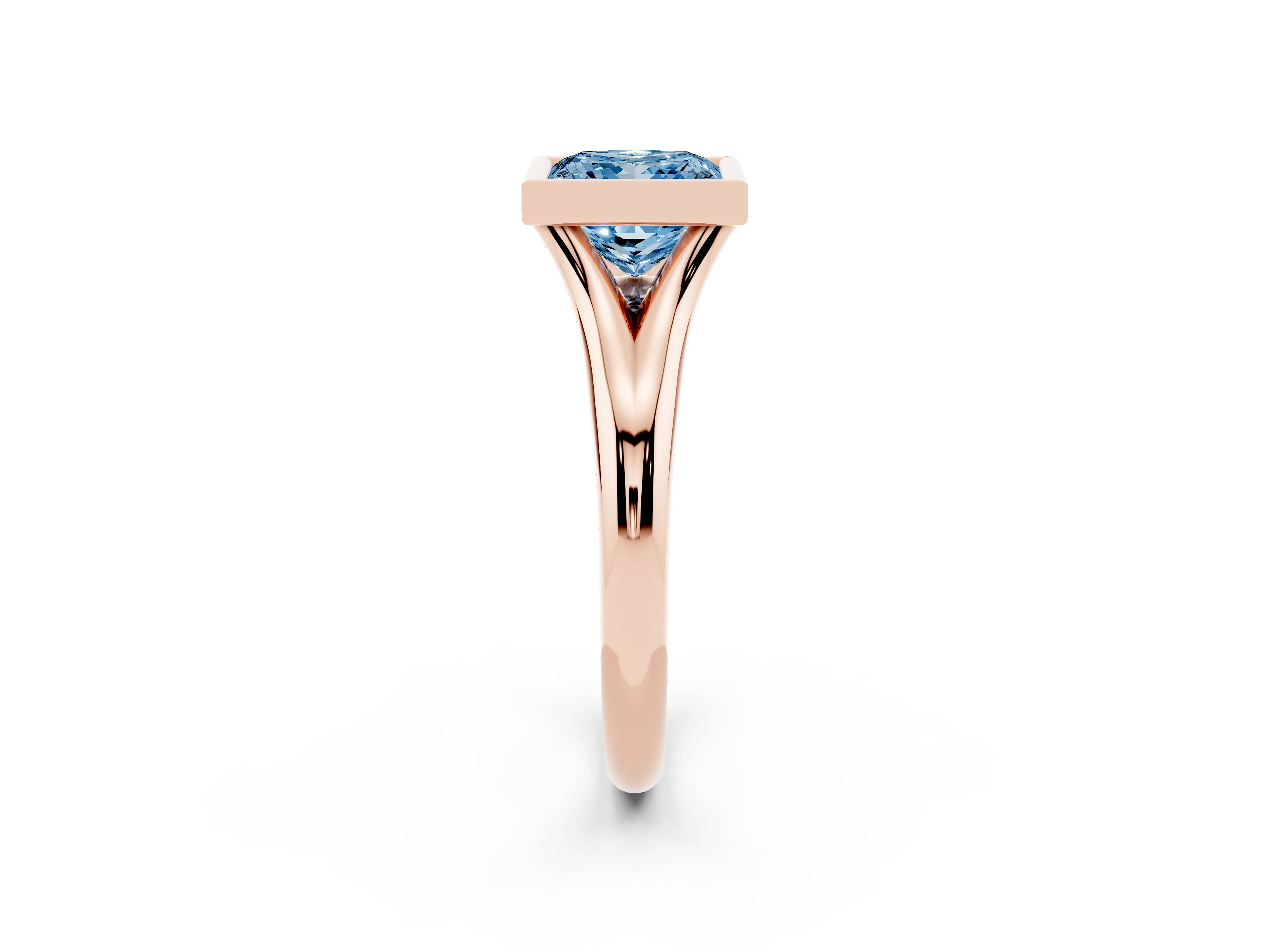 Fancy Blue Bezel Set Princess Cut Diamond Solitaire Ring Set in Rose gold with Smooth Band