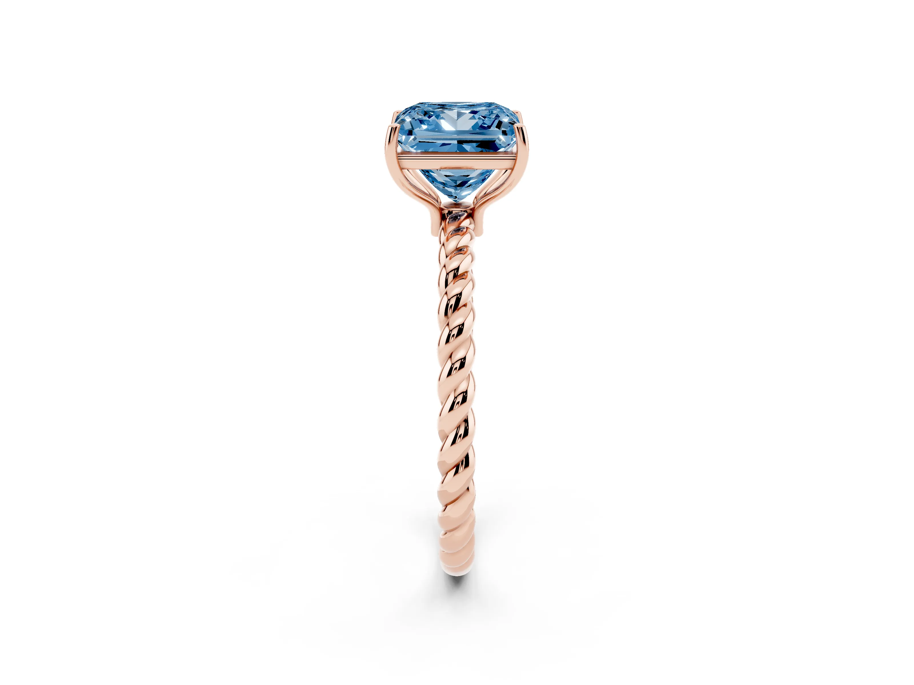 Fancy Blue Princess Cut Diamond Solitaire Ring Set in Rose gold with Twist Band and Prong Setting