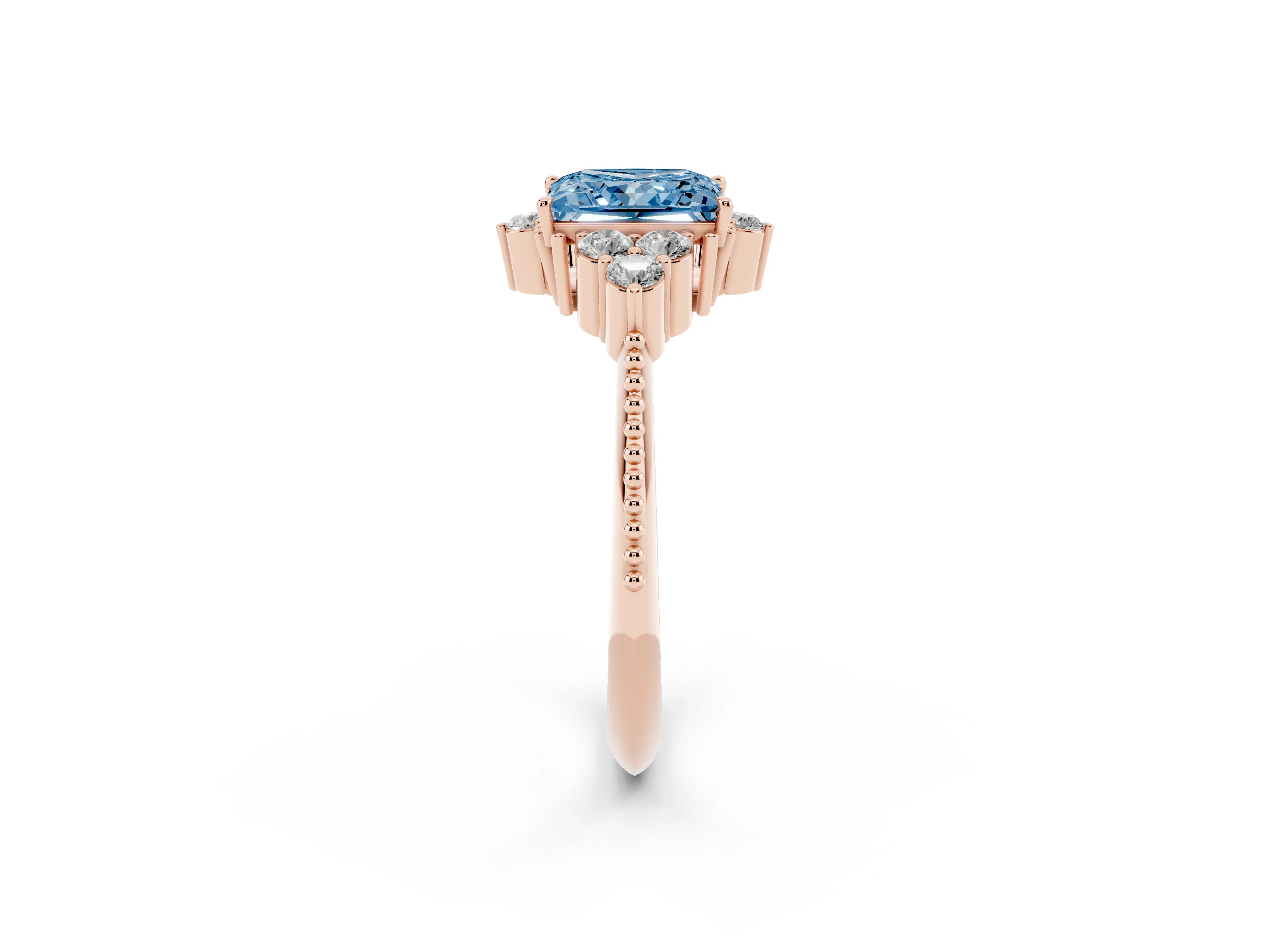 Fancy Blue Princess Cut Diamond Cluster Ring Set in Rose gold with Beaded Band