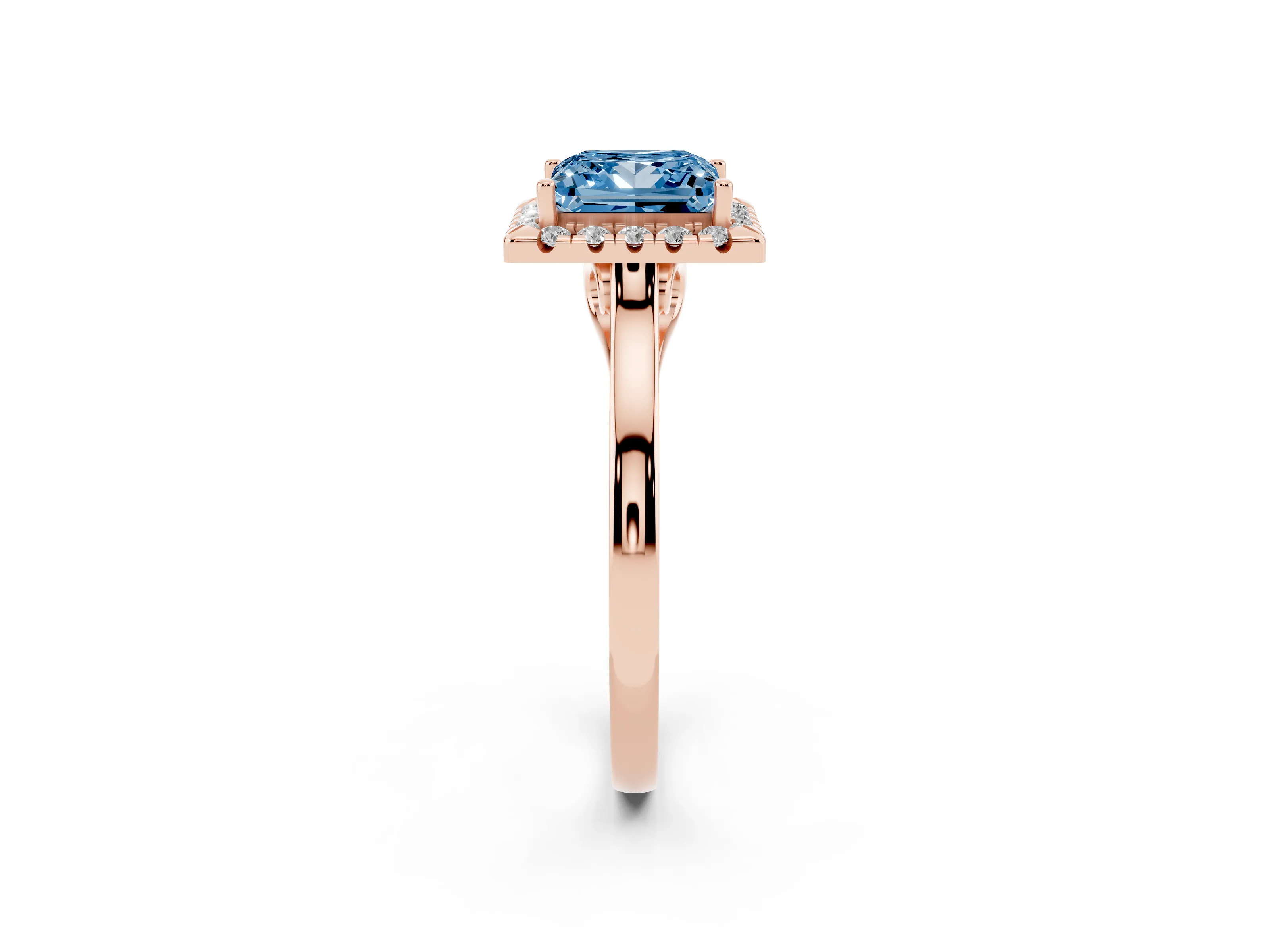 Fancy Blue Princess Cut Halo Round Diamond Solitaire Ring Set in Rose gold with Pavé Band and Prong Setting