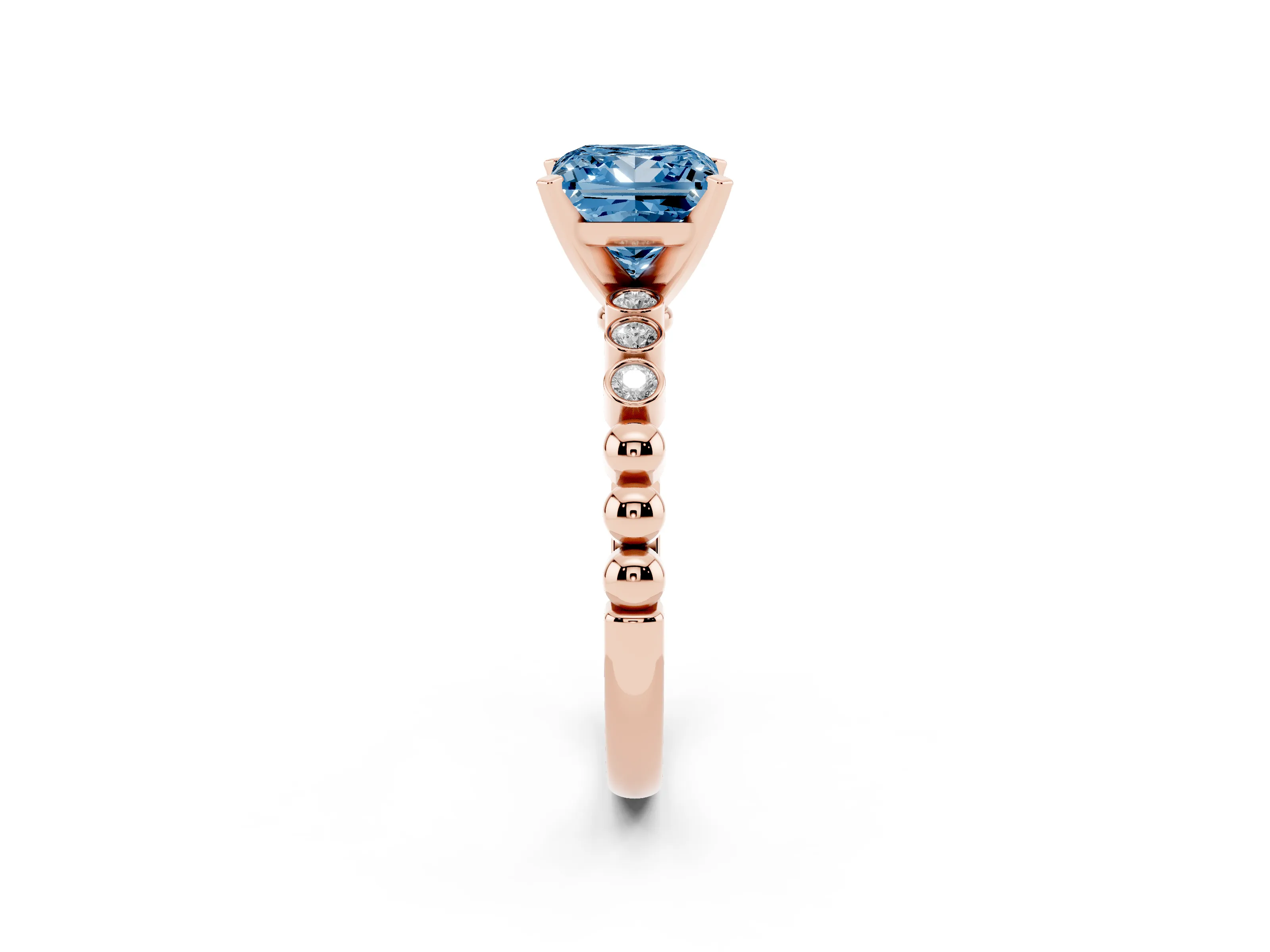 Fancy Blue Princess Cut Diamond Solitaire Engagement Ring Set in Rose gold with Bezel Accents on Beaded Band