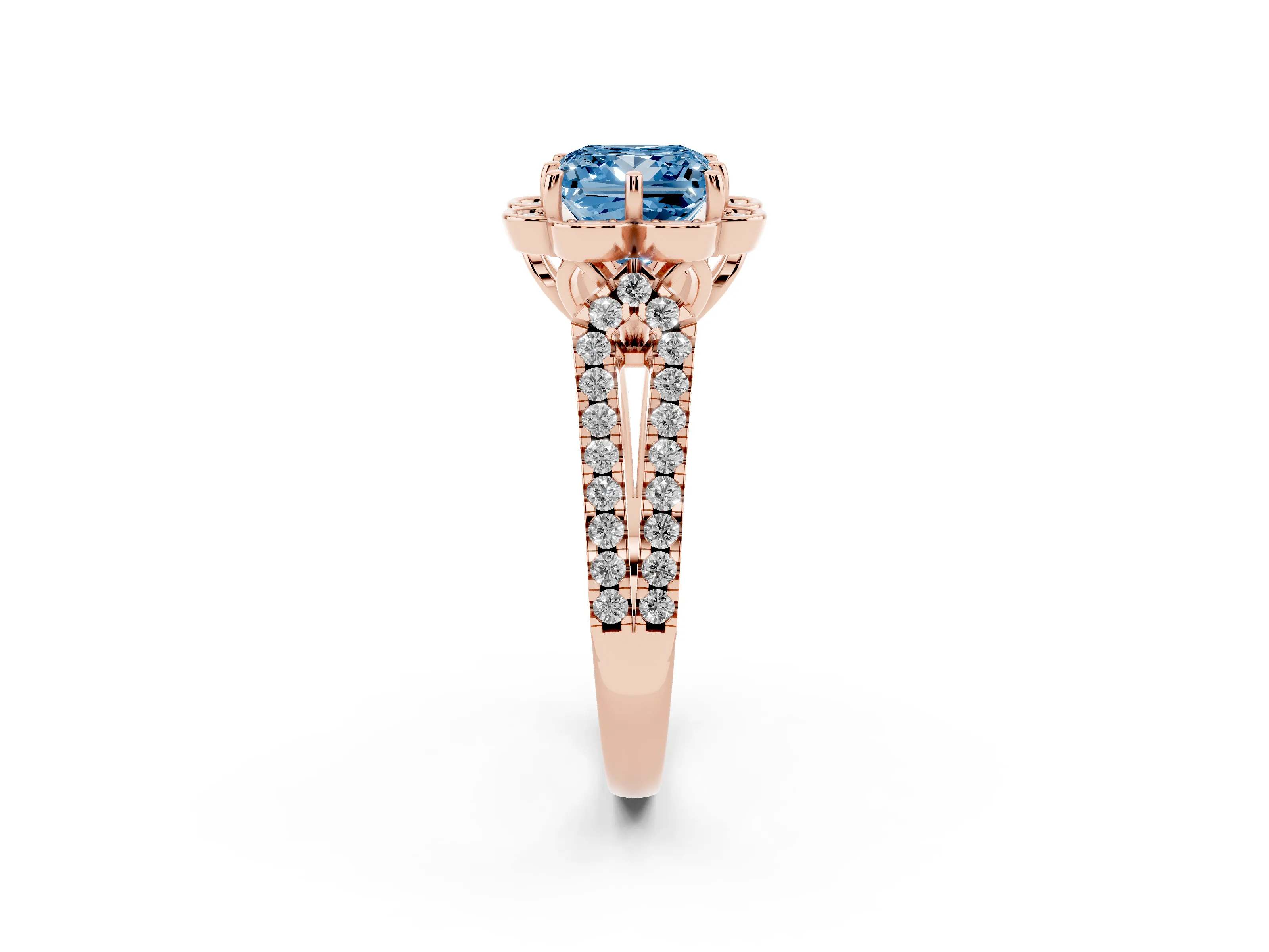 Fancy Blue Princess Cut Diamond Floral Halo Split Shank Engagement Ring Set in Rose gold with Pavé Shank