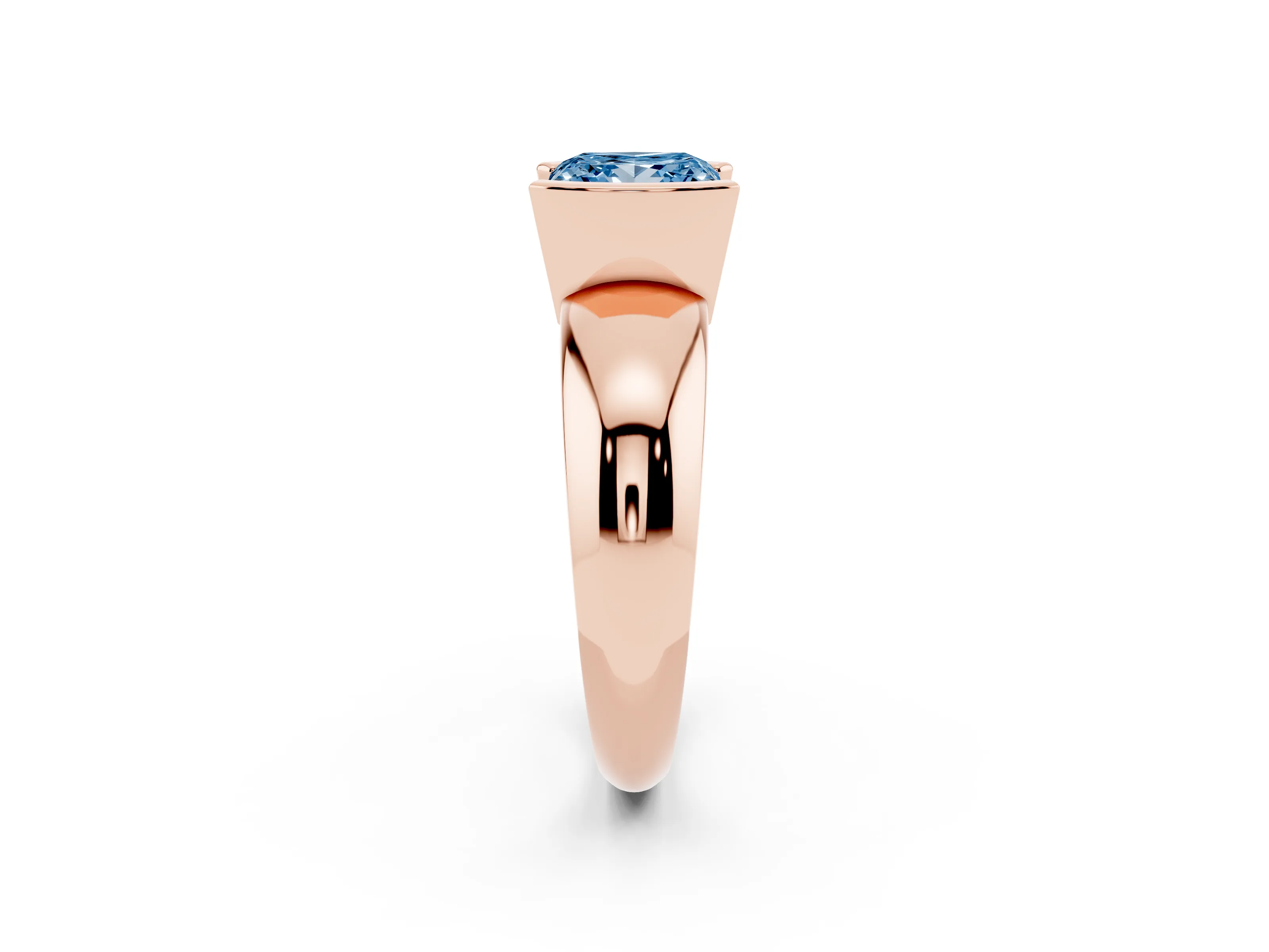 Fancy Blue Princess Cut Diamond Solitaire Tension Set Ring Set in Rose gold with Wide Band