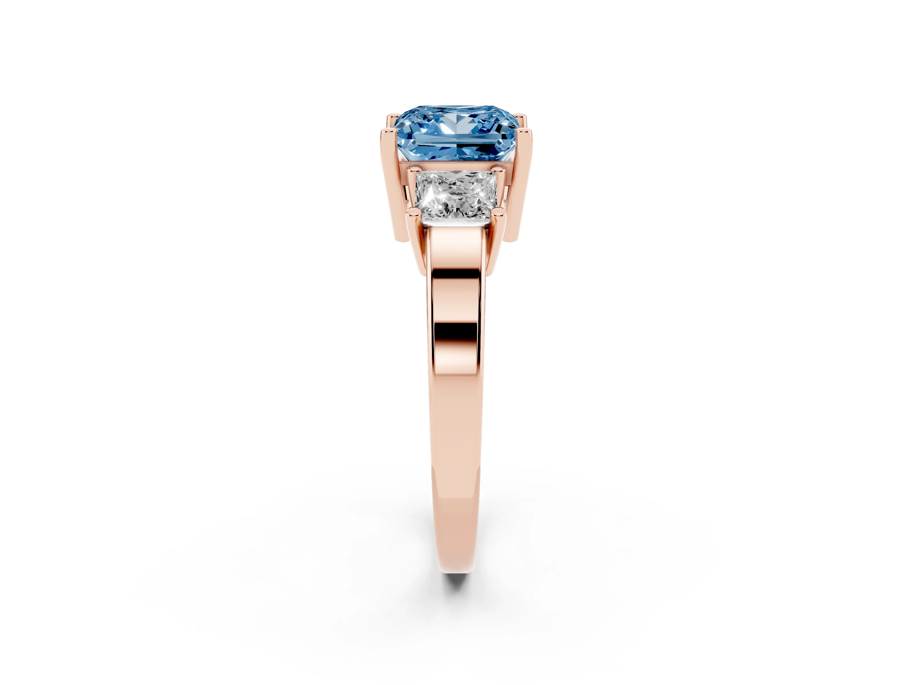 Fancy Blue Three-Stone Princess Cut Diamond Solitaire Ring Set in Rose gold with Prong Setting