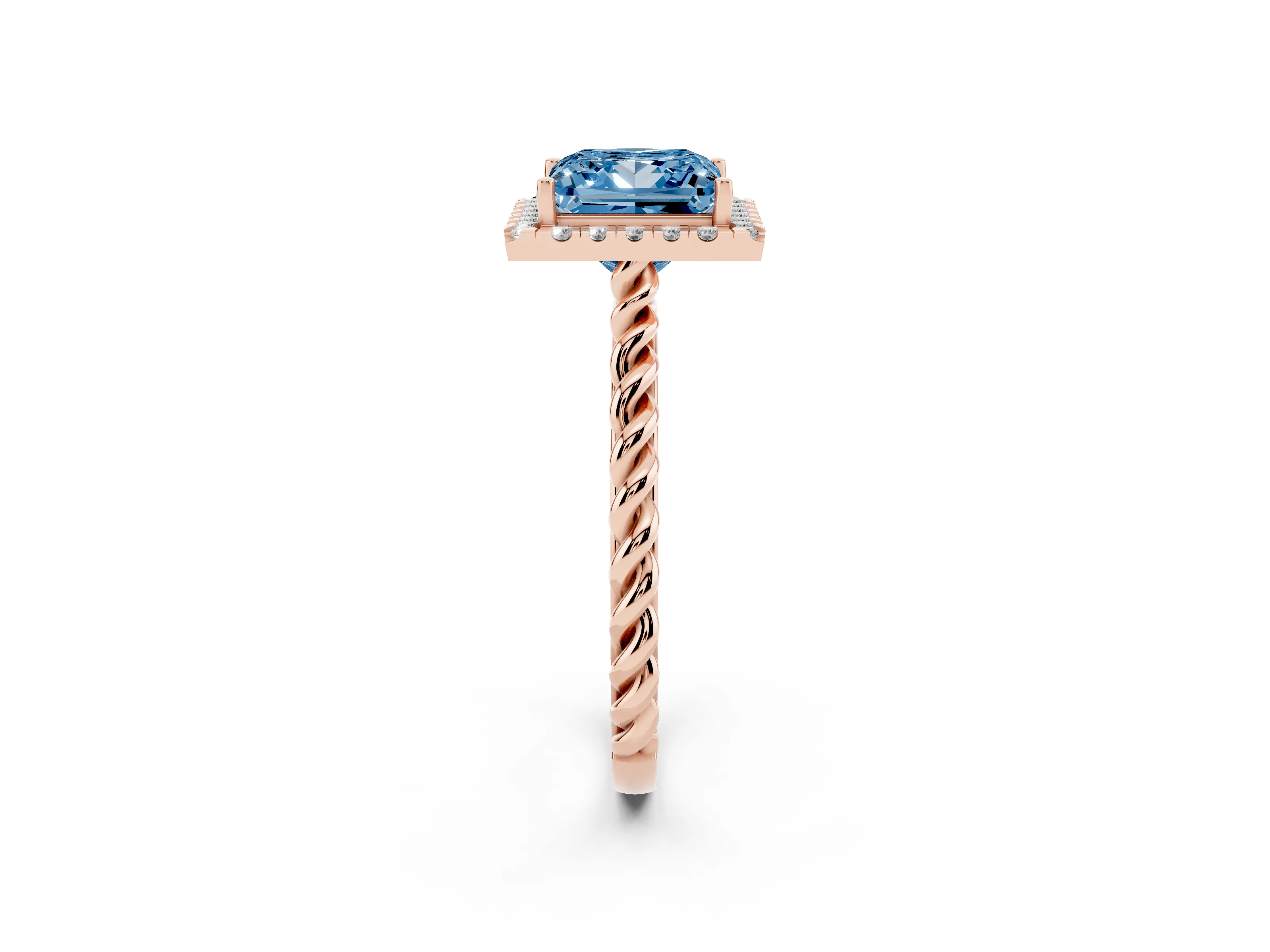 Fancy Blue Princess Cut Diamond Halo Ring Set in Rose gold with Plain Twisted Band