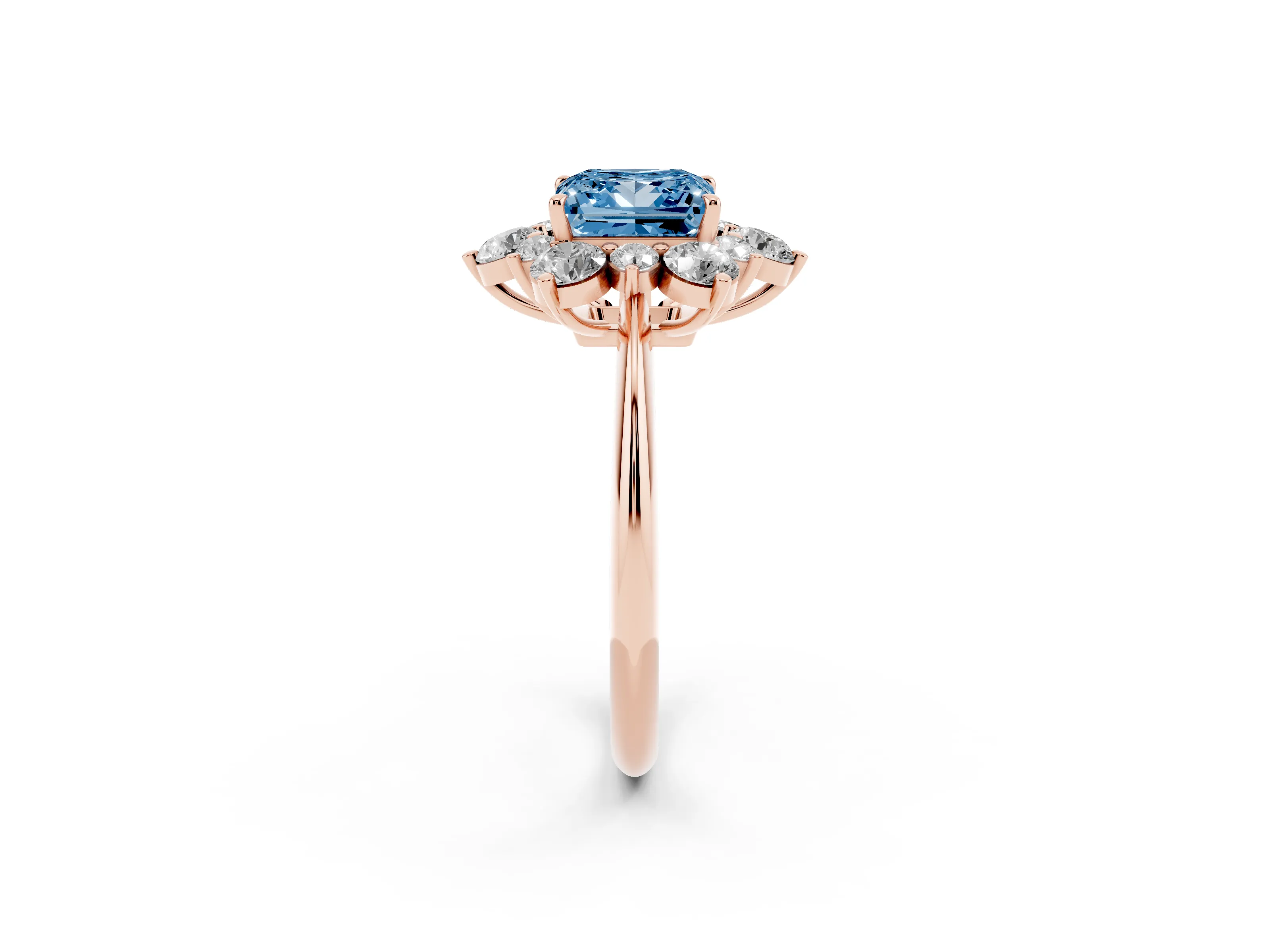 Fancy Blue Princess Cut Diamond Cluster Halo Ring Set in Rose gold with Solitaire Band and Prong Setting