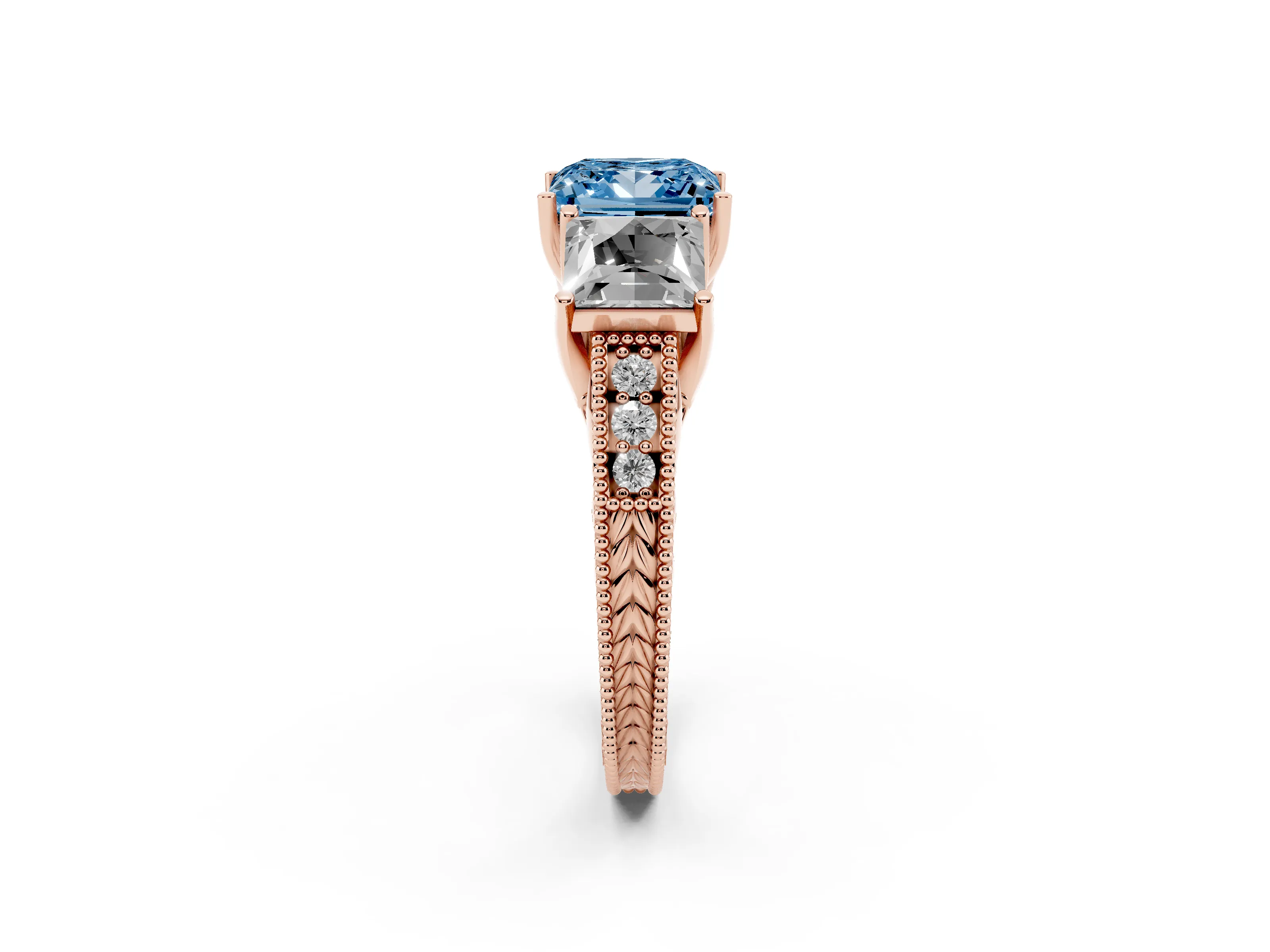 Fancy Blue Princess Cut Diamond Three-Stone Engagement Ring Set in Rose gold with Milgrain Pavé Band
