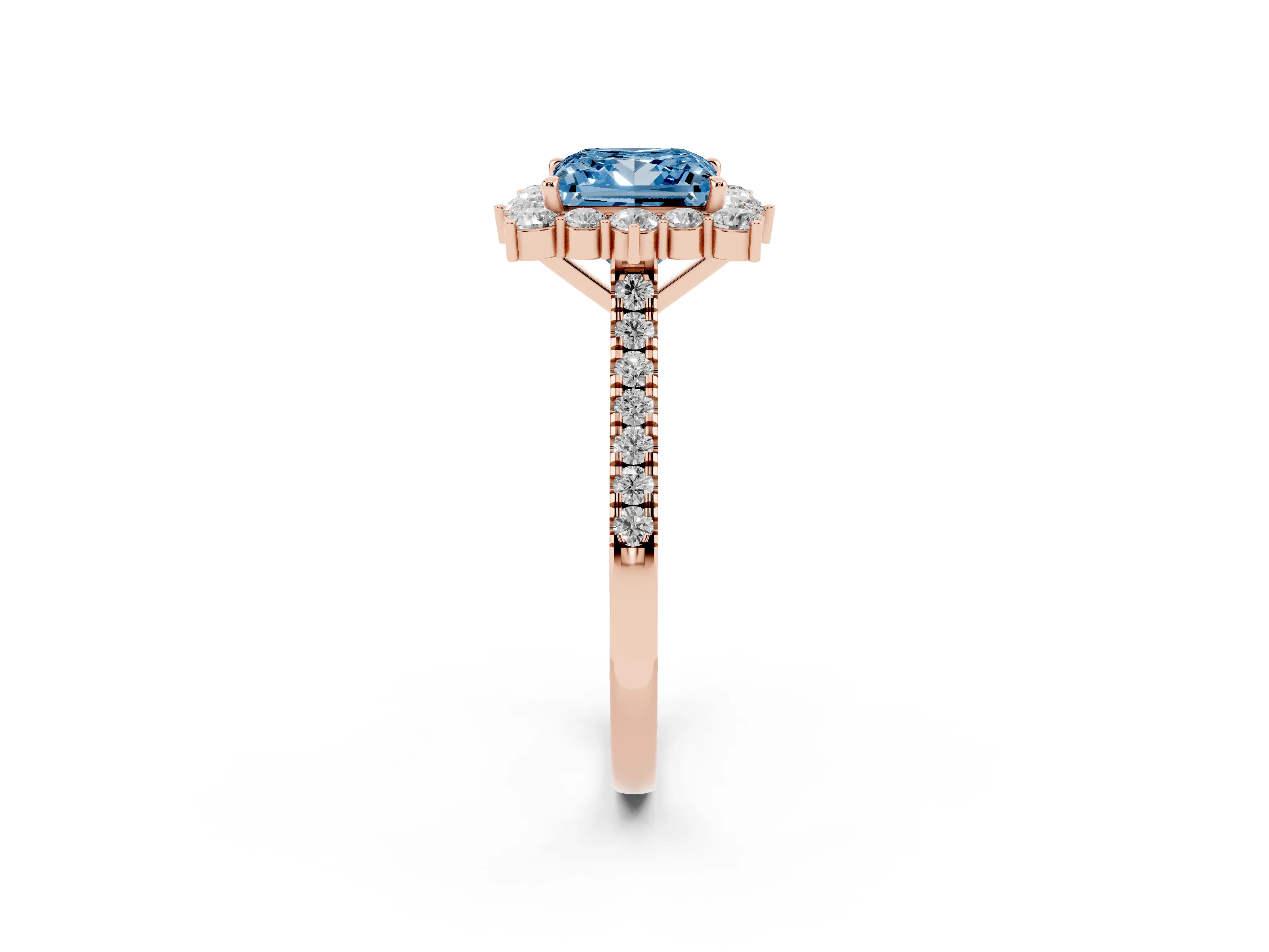 Fancy Blue Princess Cut Diamond Halo Ring Set in Rose gold with Pavé Band and Prong Setting