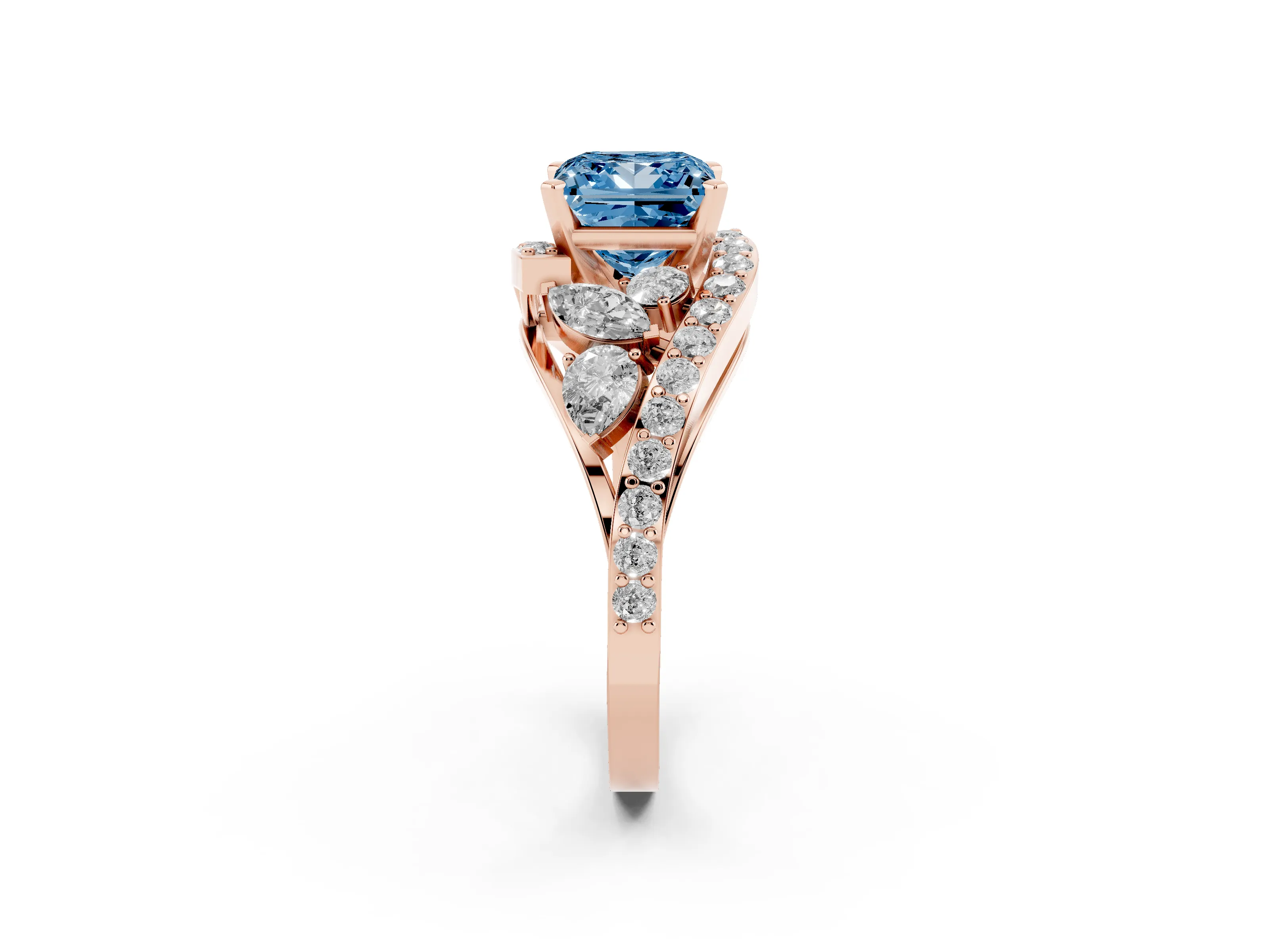 Fancy Blue Princess Cut Diamond Halo Ring Set in Rose gold with Marquise and Pavé Band in Prong Setting