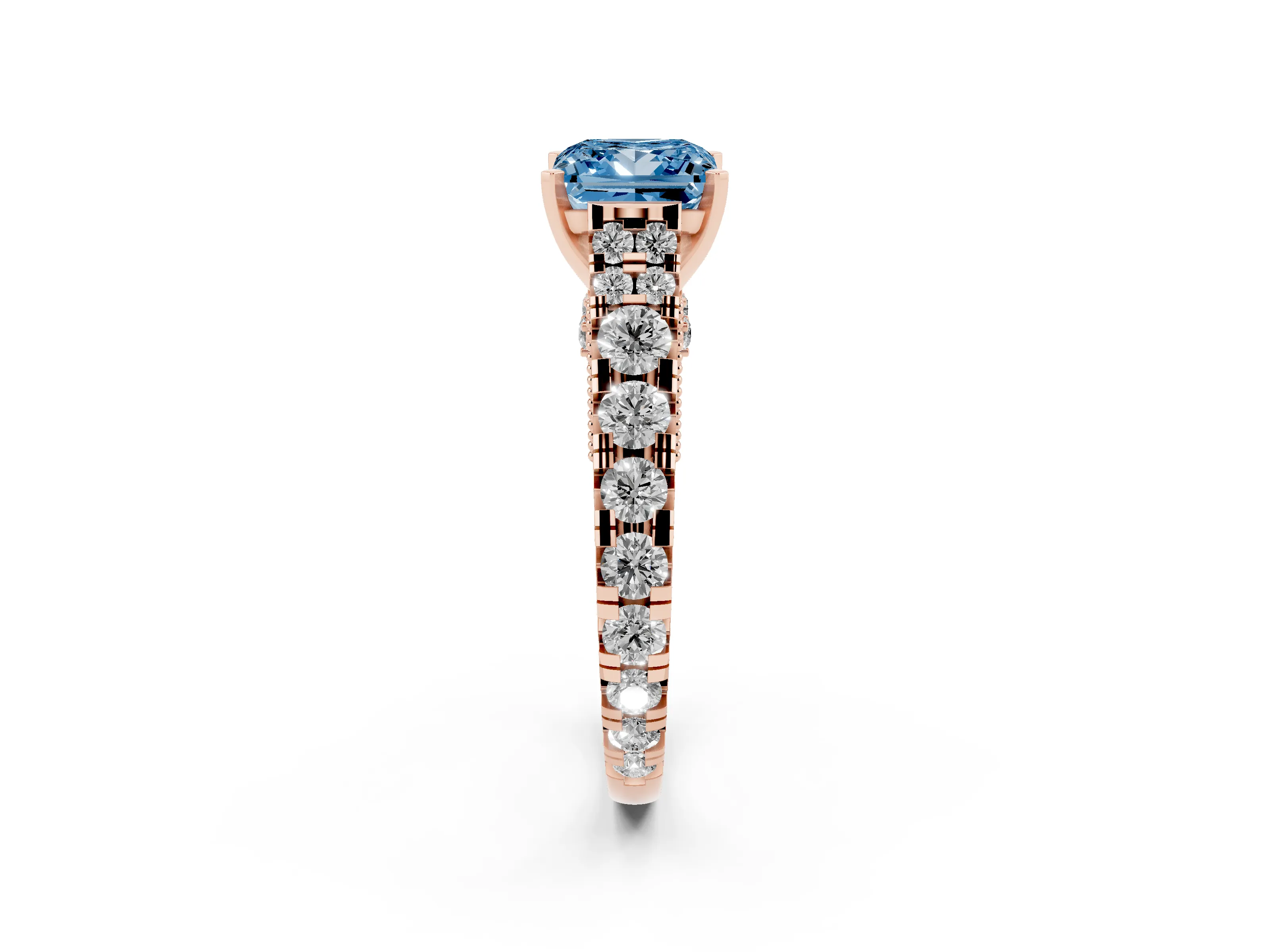 Fancy Blue Princess Cut Diamond Classic Solitaire Ring Set in Rose gold with Pavé Band and Prong Setting