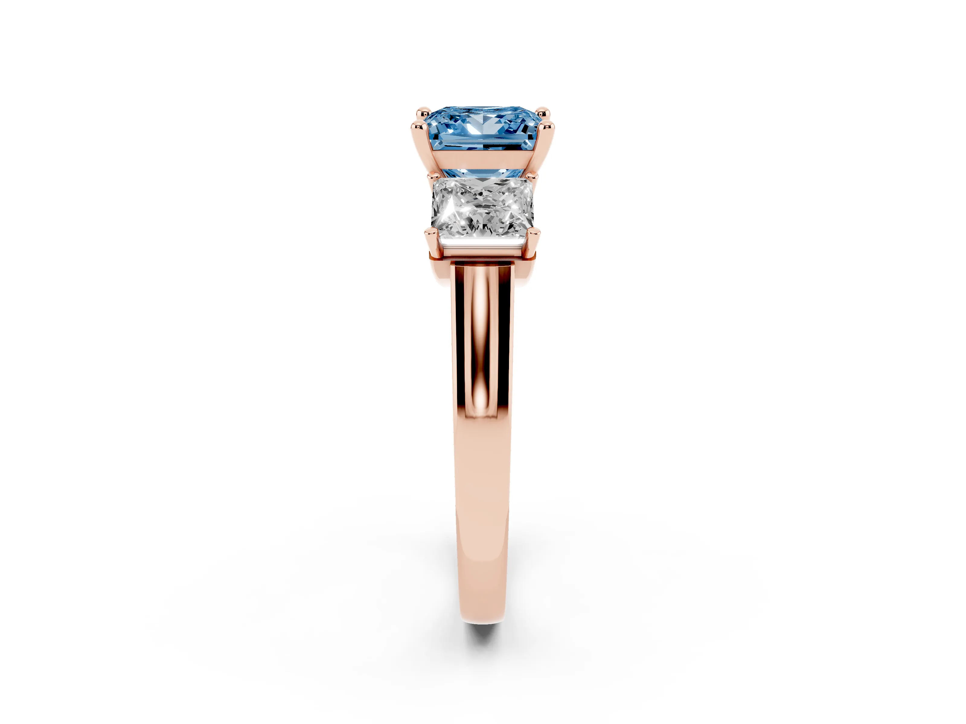 Fancy Blue Princess Cut Diamond Three-Stone Trellis Ring Set in Rose gold with Comfort Fit Band